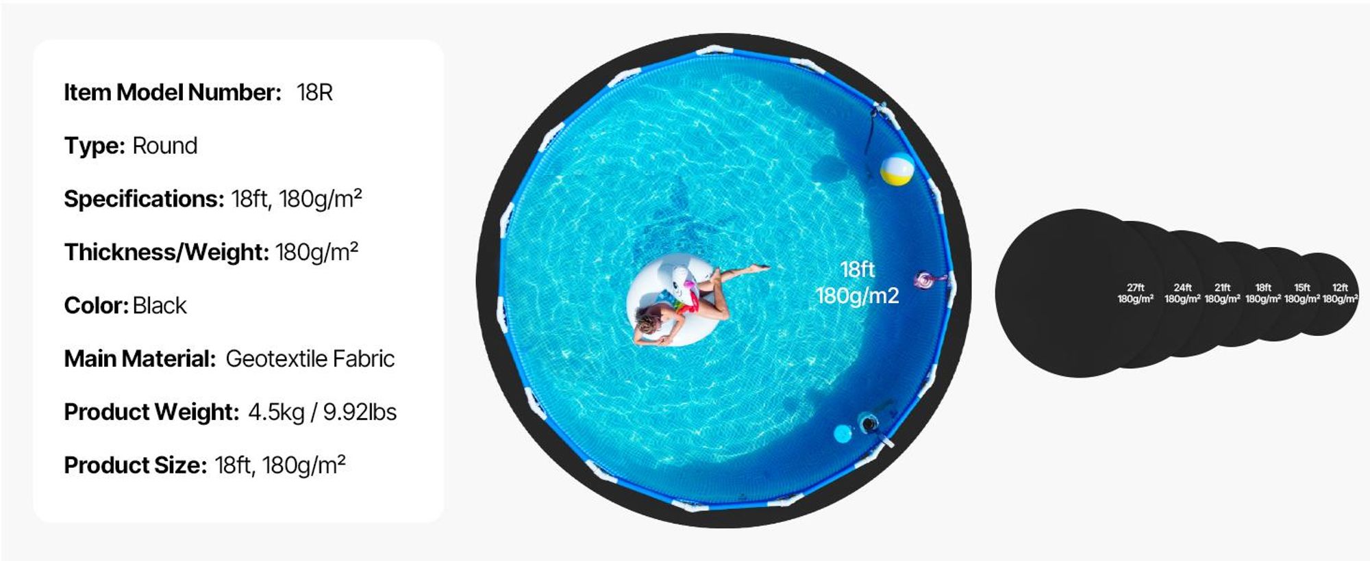 VEVOR Ovaler Poolliner-Pad, 15 x 30 ft Poolliner-Pad für Aufstellpools, extra dicker Poolmatte, verhindert Durchstiche, recyceltes Geotextil-Material Unterlage-Pad, verlängert die Lebensdauer des Liners, Rund 18 ft