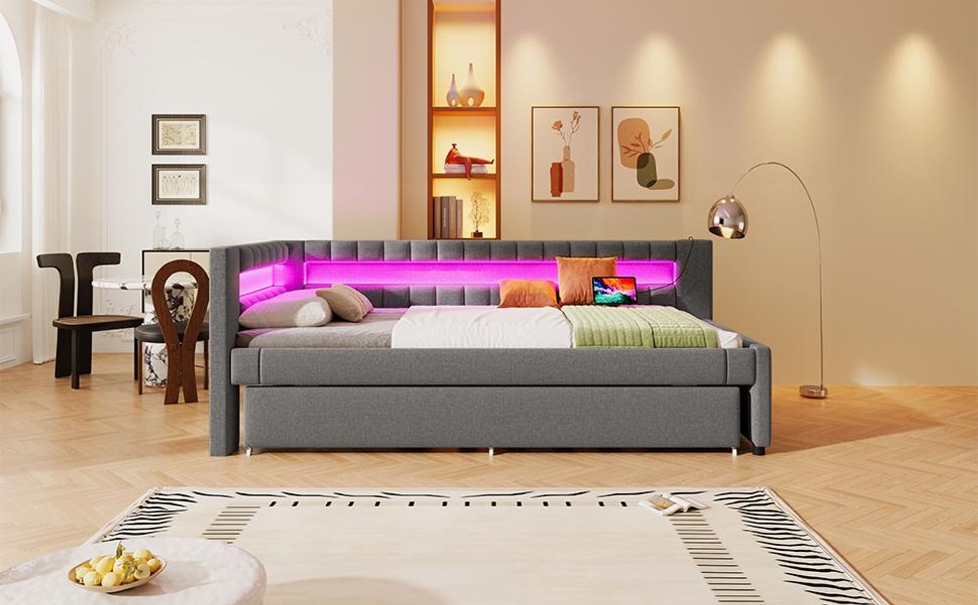 Merax Tagesbett Daybett 90x200 cm, mit Ausziehbett 90x190 cm, LED, USB und Type-C, Schlafsofa, Schlafsofa, Grau