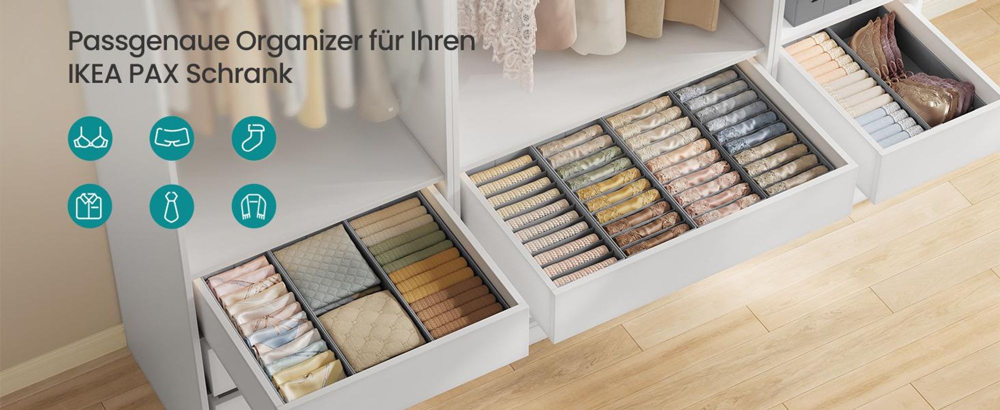 SONGMICS Schubladen-Organizer 4er Set, Unterwäsche-Organizer für IKEA HEMNES und MALM Kommoden, faltbar, grau