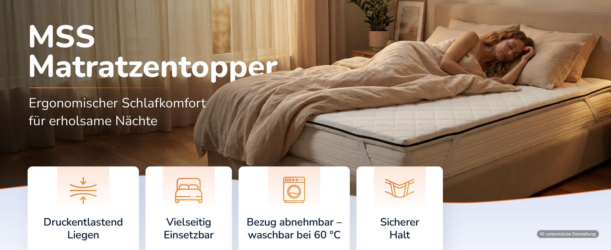 Frau schlaeft auf einem Bett mit Topper, daneben vier Produktmerkmale
