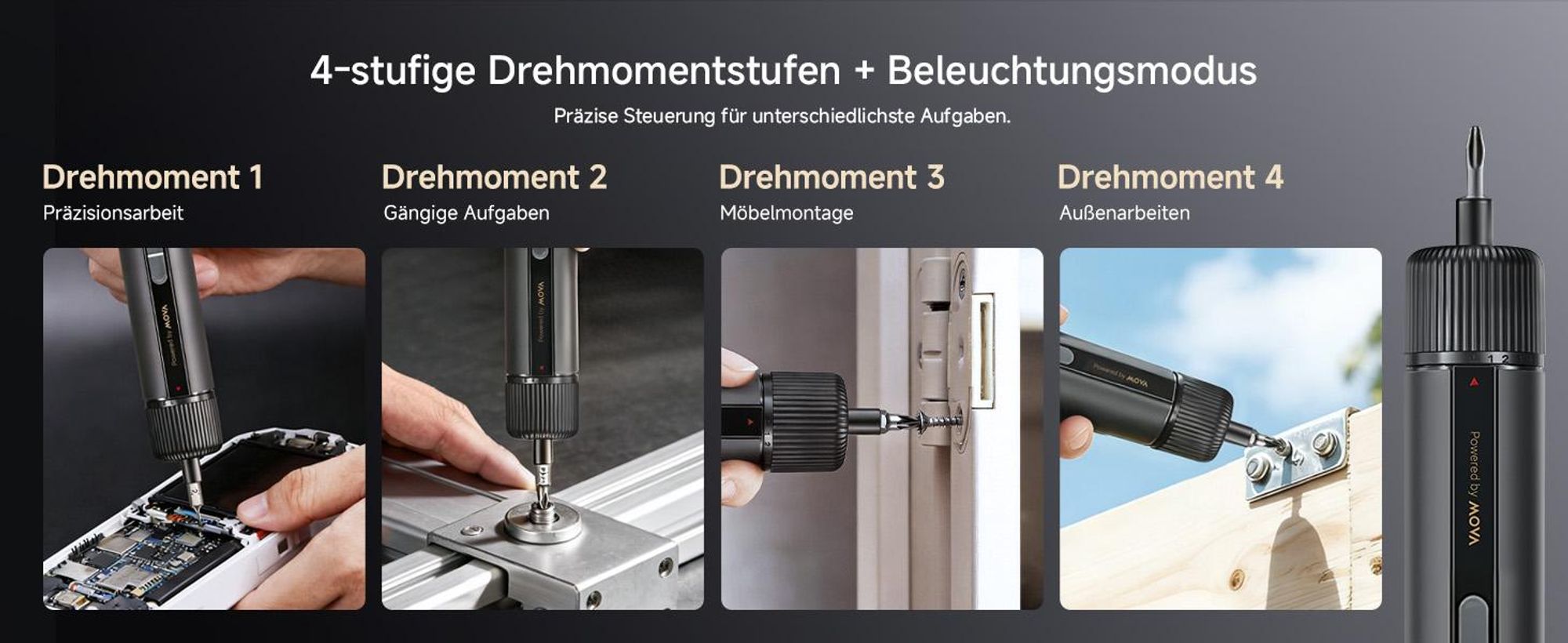 MOVA MSD008 4V Elektrischer Schraubendreher, 4 Drehmomentstufen, LED-Beleuchtung, Quick-Lock-Magnetbits, 24 S2 Bits Set