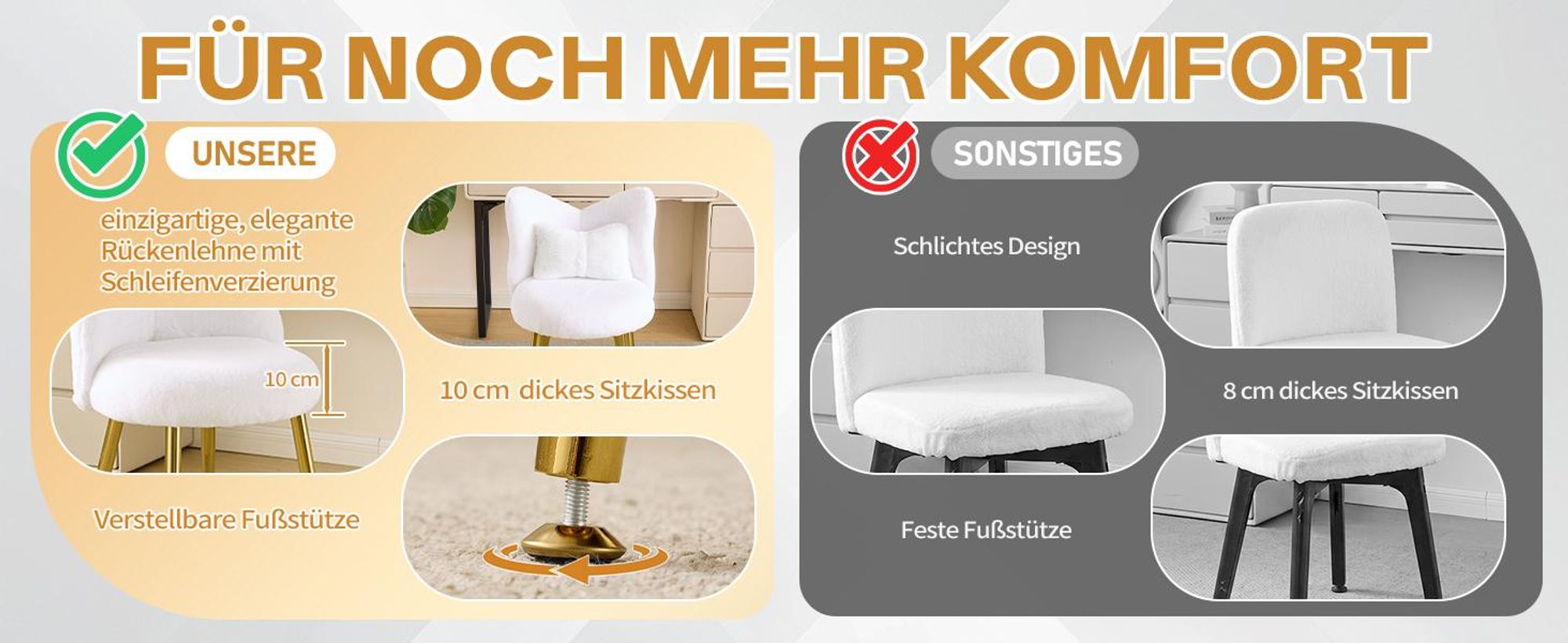 FCH Schminkhocker, Schreibtischhocker, Bow Shape Rücken Dressing Stuhl, Esszimmerstühle, Sitzhocker Polsterhocker, 53×49.50×78cm, Weiß