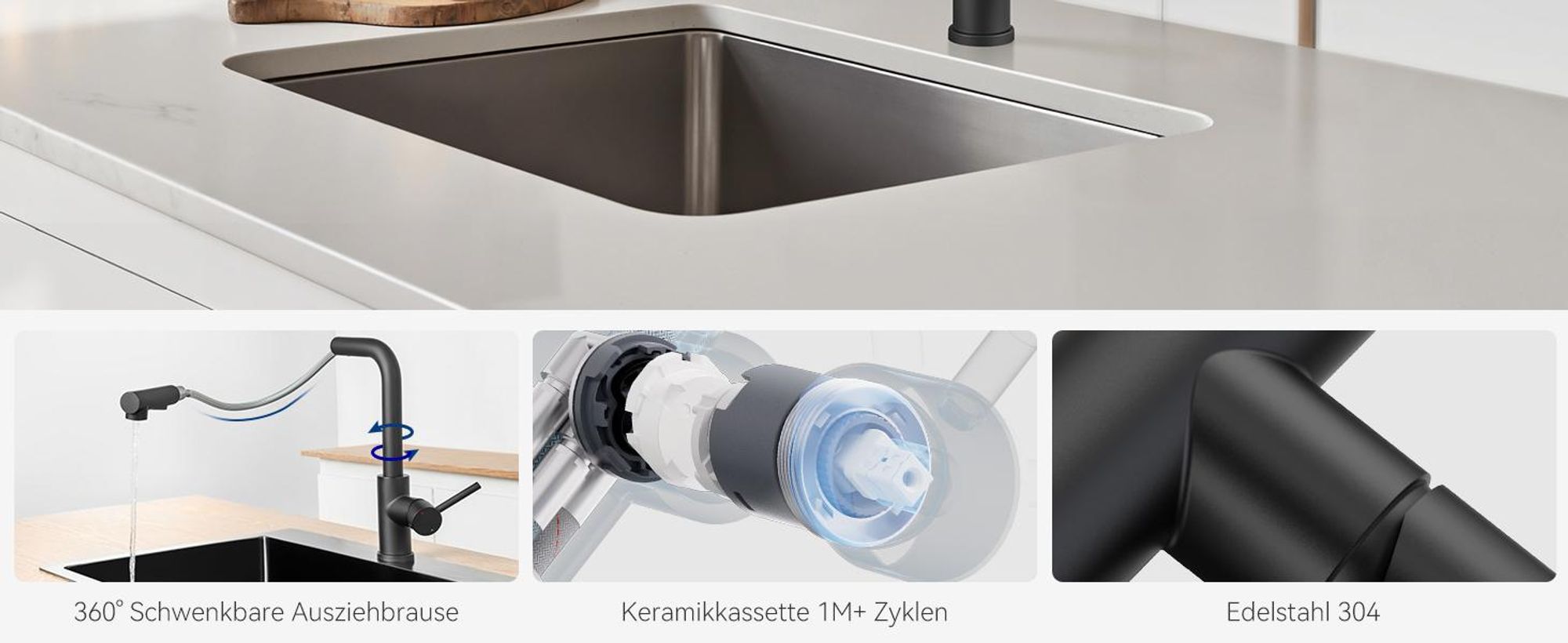 Ausziehbar Küche Wasserhahn Mischbatterie，Spültischarmatur Schwarz，Küchenarmatur mit 2 Strahlarten，360° drehbar Wasserhahn Küche，Küche Hochdruck Armat