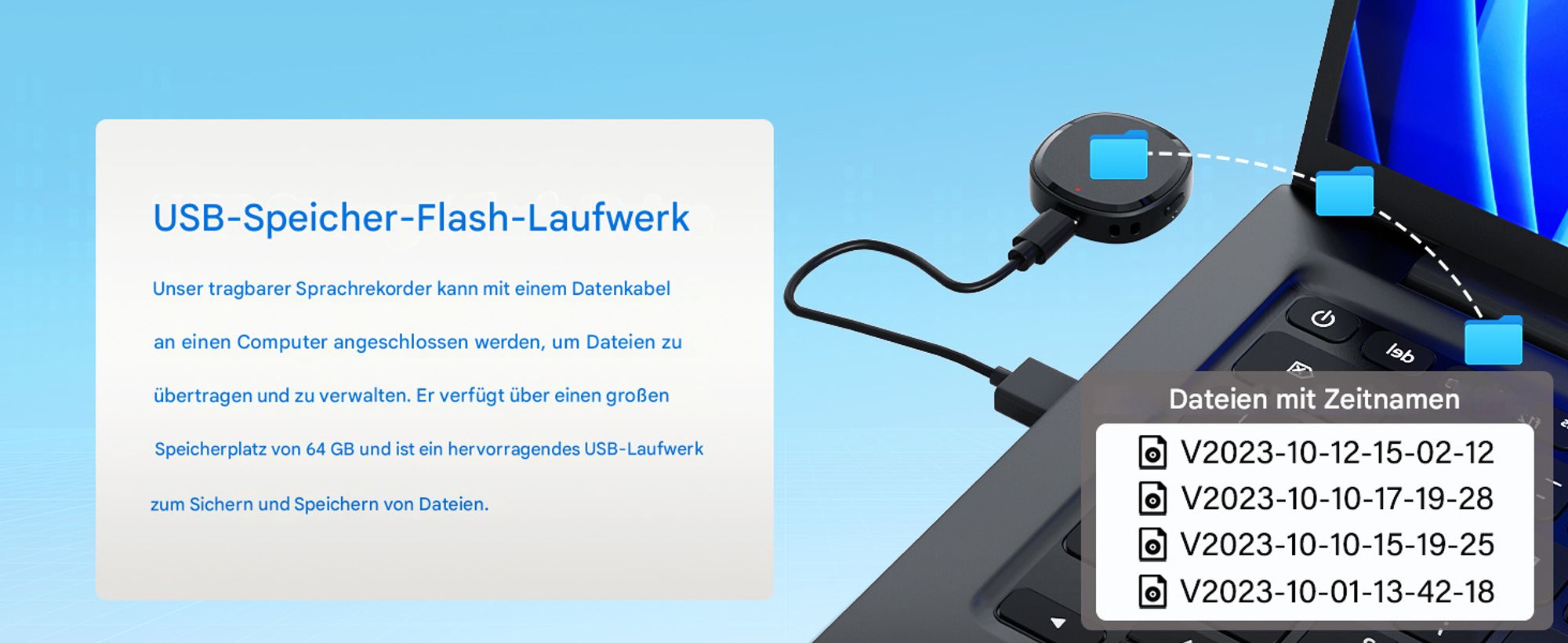 Digitaler Sprachrekorder mit 64 GB und Wiedergabefunktion – Tragbares Mini-Tonbandgerät mit Lautsprecher, sofortiger Wiedergabe und USB-Speichersticks