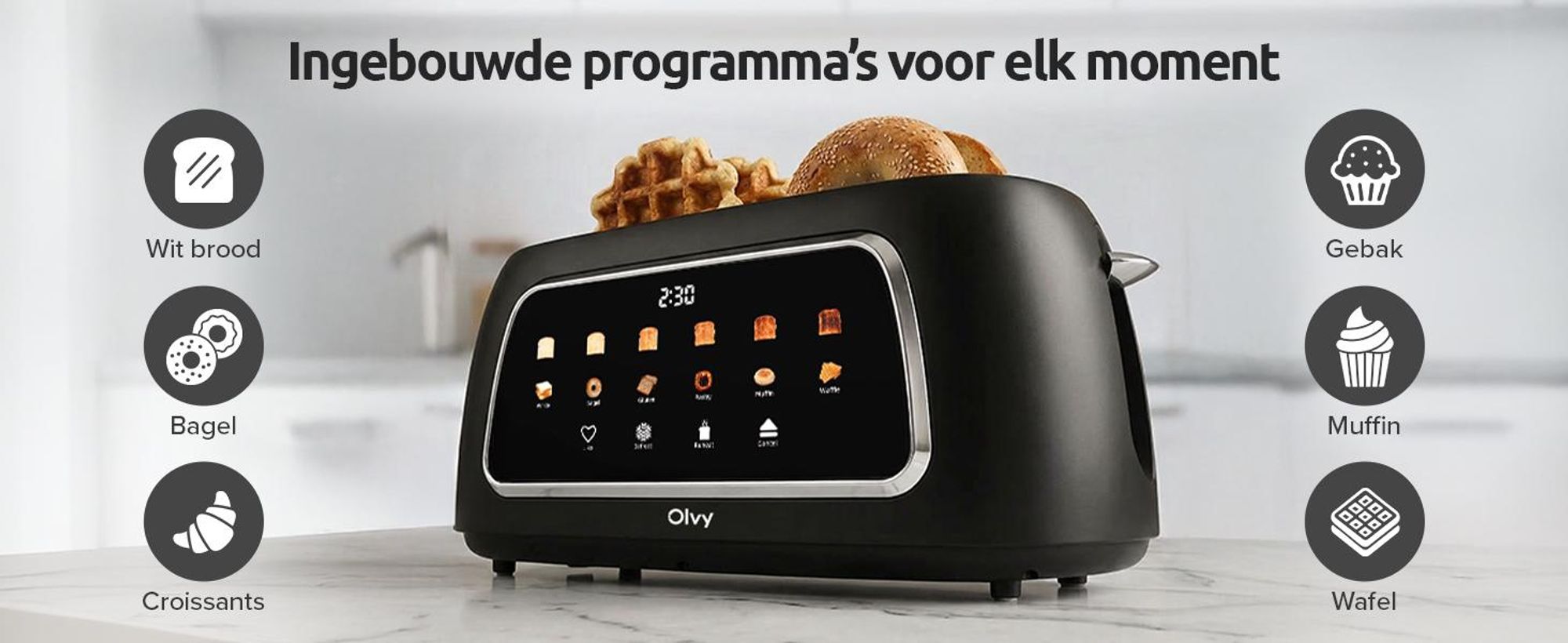 Olvy Broodrooster, 4 sleuven, lange sleuven, digitaal display met timer, 6 bruiningsgraden, brede sleuven, ontdooifunctie en opwarmfunctie, 1500W, zwart