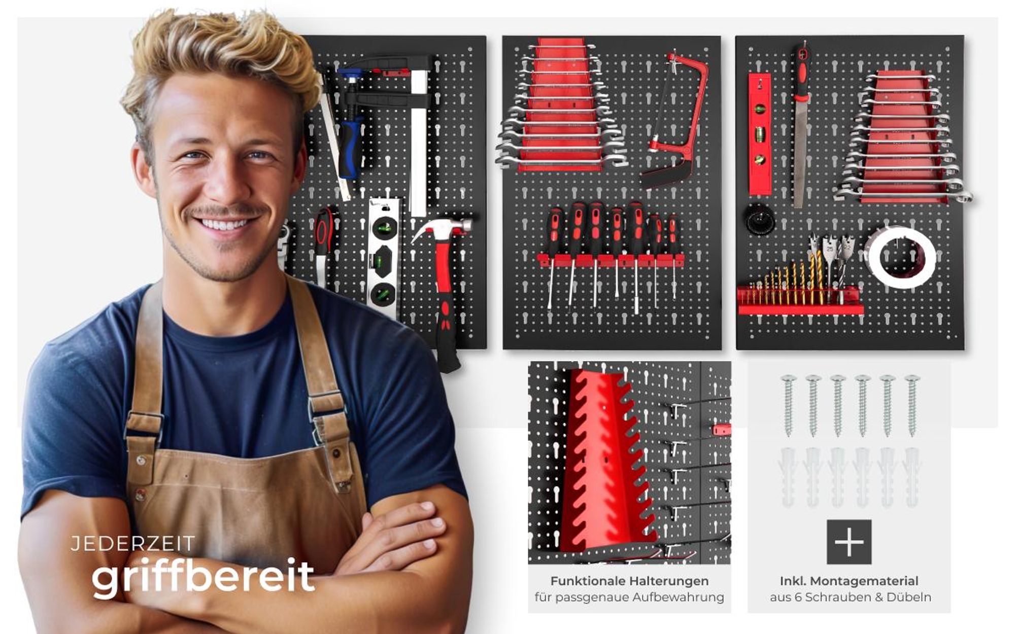 tectake® Werkzeuglochwand dreiteilig, aus Stahl 120 x 3 x 60 cm