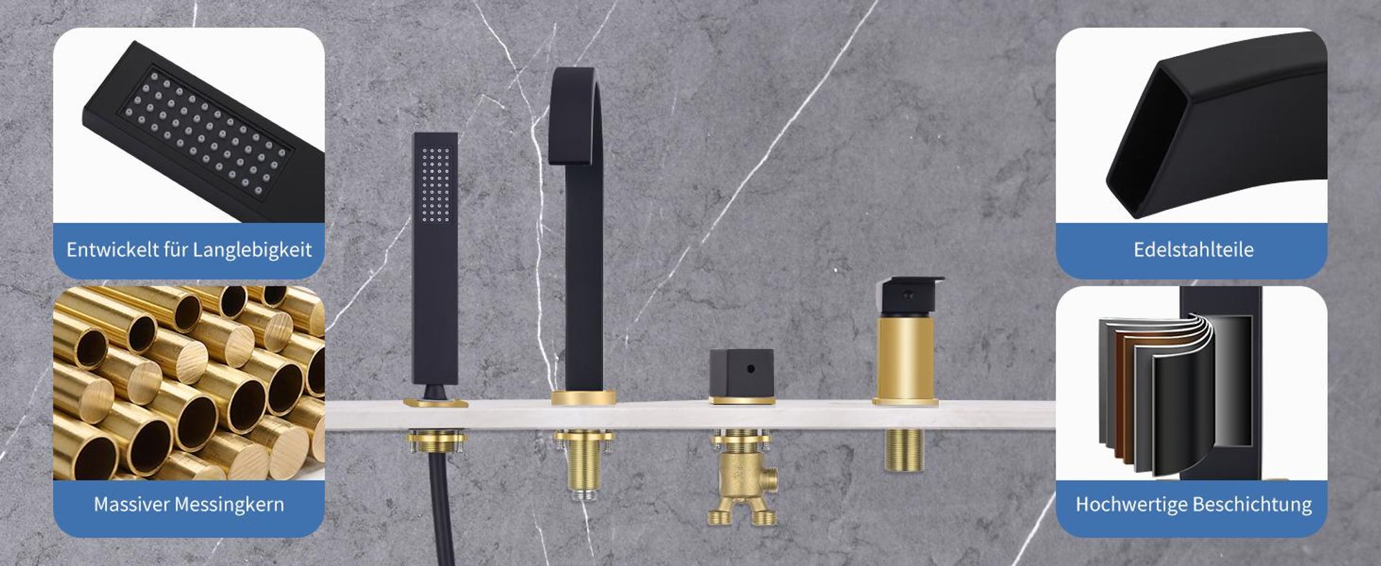 Homelody Badewannenarmatur 4 Loch Schwarz, Badewanne wasserhahn Duschset mit Armatur Handbrause Wasserfall Wannenarmatur