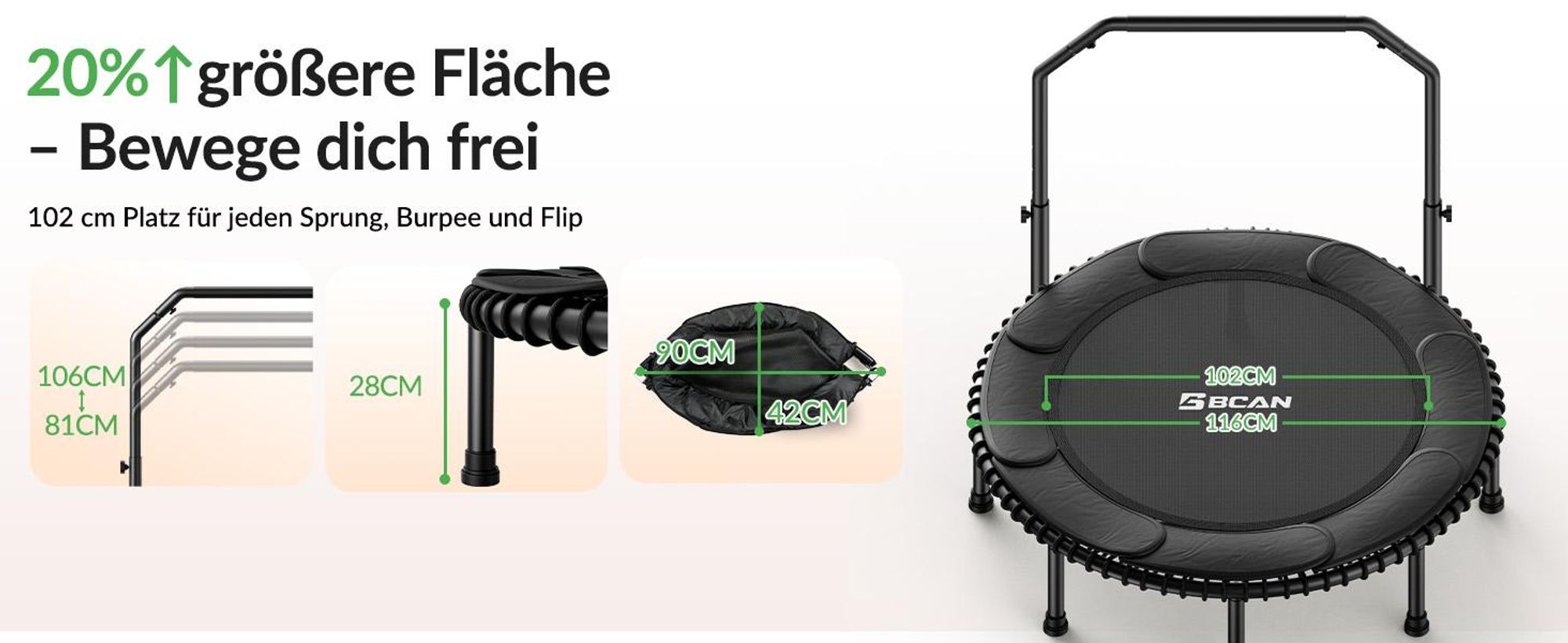 BCAN 48“ Rebounder-Trampolin für Erwachsene, 226 kg Tragkraft, Bungee-Seilen, Verstellbarer Griff, stabil, leise, Innen/außen, Ganzkörpertraining