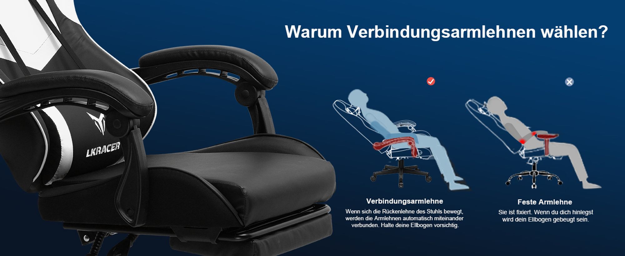 LUCKRACER Gaming-Stuhl Gaming Chair Bürostuhl Ergonomisch mit Lendenkissen Kopfkissen, Höhenverstellbarer Gamer Stuhl 150kg Belastbar, Fußstütze weiß