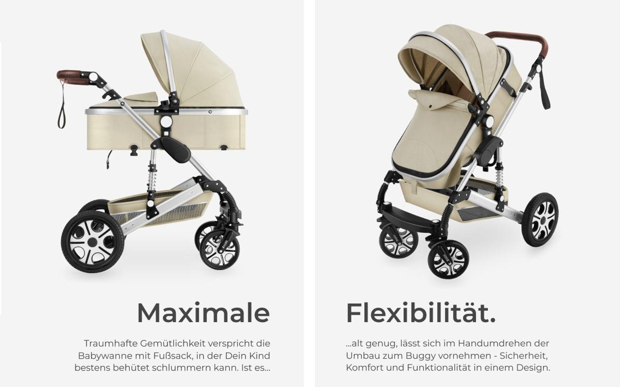 tectake® Kombi-Kinderwagen Mats 2 in 1, klappbar, mit 5-Punkt-Gurt, Bremse, Schutzbügel und Handschlaufe für 0 bis 36 Monate geeignet, Belastbarkeit 15 kg