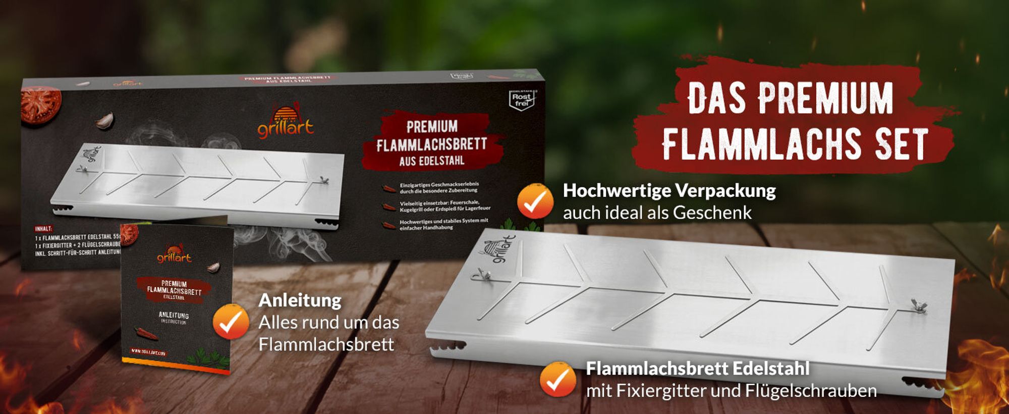 Premium Flammlachsbrett aus hochwertigem Edelstahl – 5-stufig verstellbar und um 180° drehbar