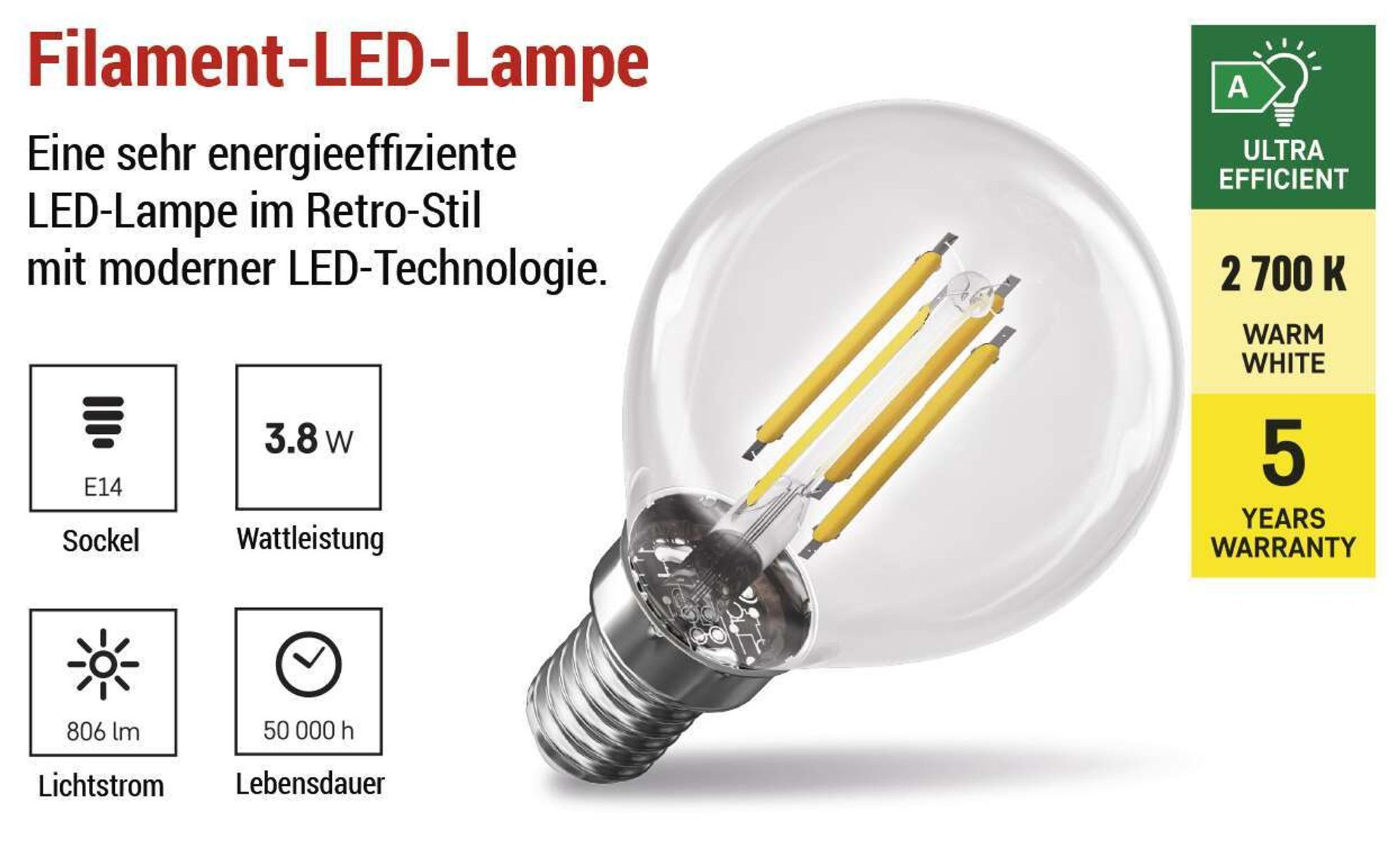 Emos Led Flm Mini Gl 3,8W(60W) 806Lm E14 Ww A Clas