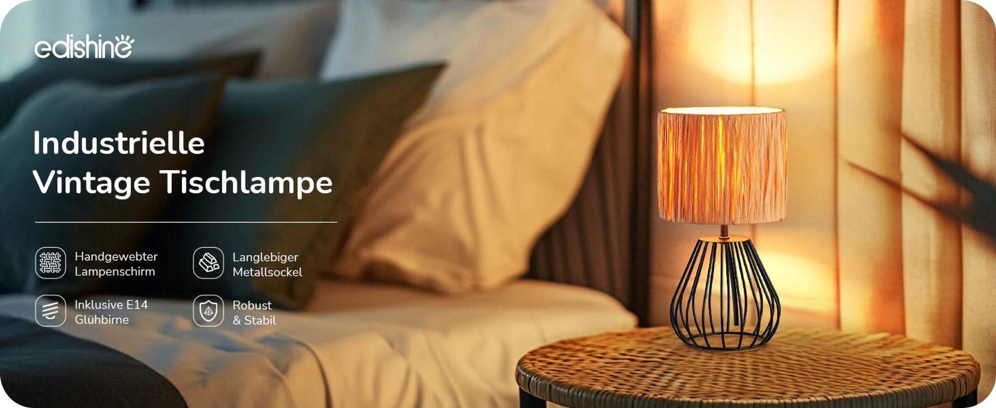 EDISHINE Nachttischlamp Wohnzimmer, Boho Tischlampe mit inkl. 4W LED-Leuchtmittel, Schwarz