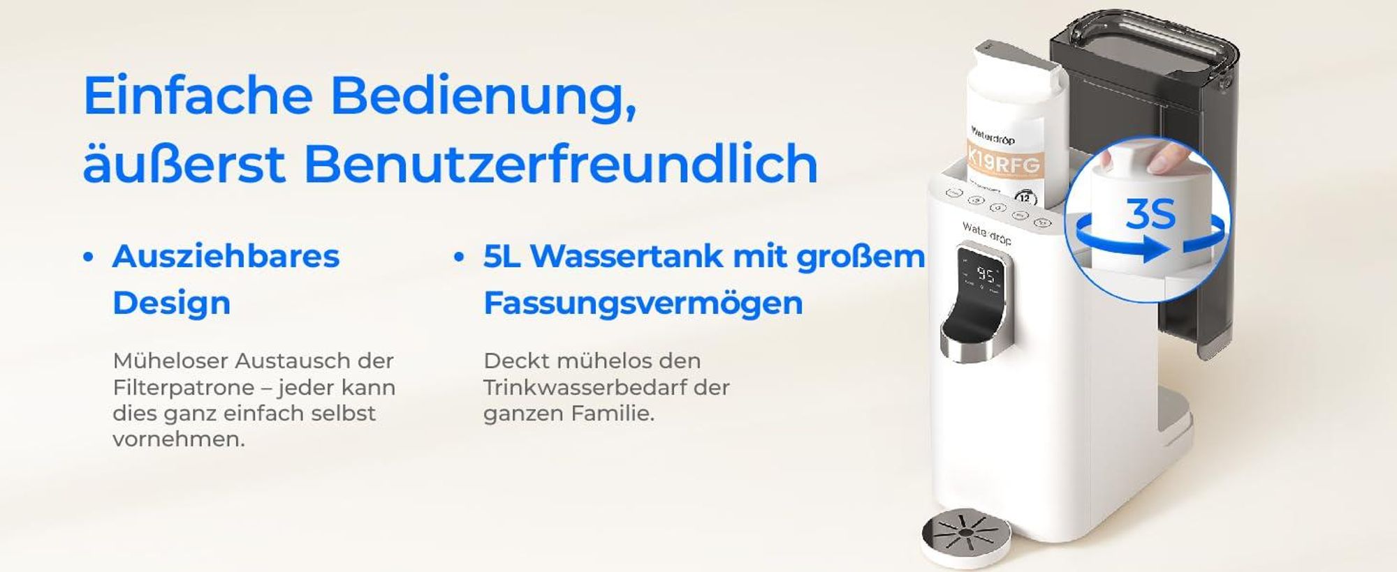 [Mineralien] Waterdrop K19-HG Umkehrosmose-Wasserfiltersystem für die Arbeitsplatte, Sofort-Heißwasserspender, Tragbar, 7-Stufig mit UV