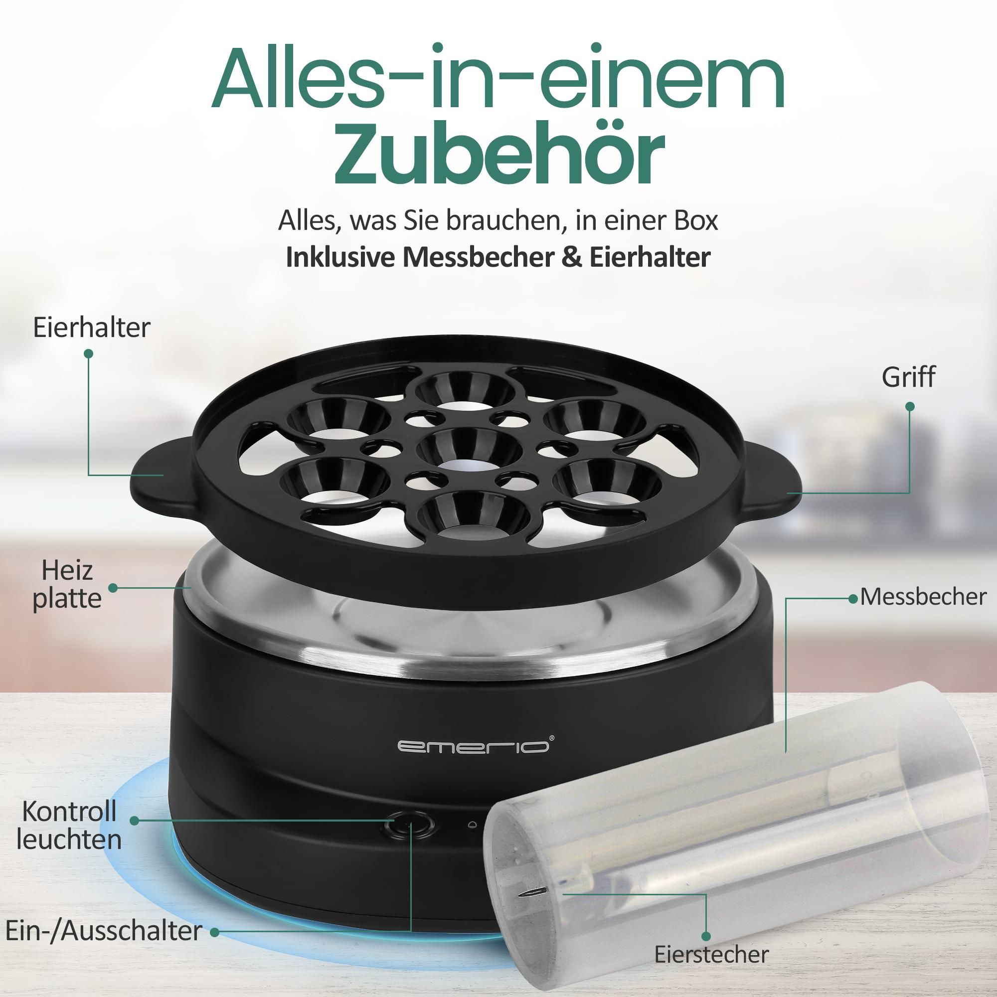 Emerio Elektrischer Eierkocher 350 W – für 7 Eier – Mehrsprachige Sprachfunktion – automatische Abschaltung – EB-131811.1 – Schwarz