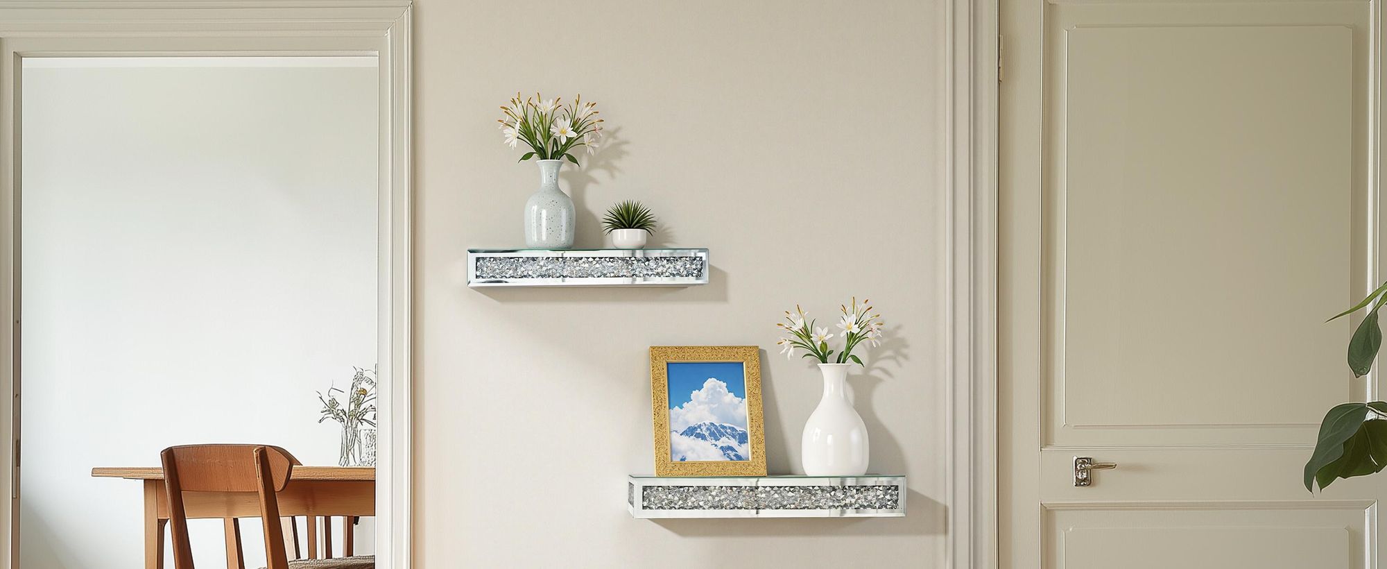 WISFOR kristall Dekoratives Wandregal 38x15x6cm Glasregal mit Kristall-Diamanten Schweberegal für Büro Wohnzimmer Schlafzimmer