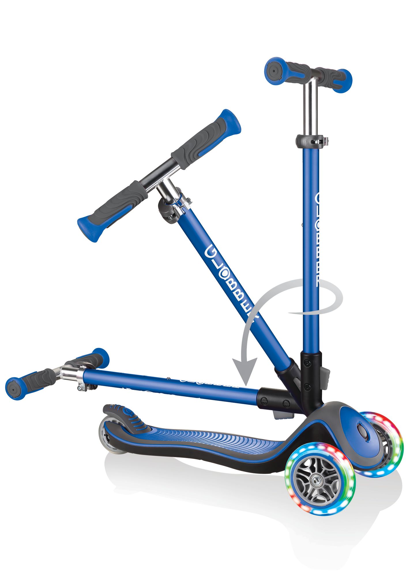 >P< Globber Primo lights dunkelblau mit Leuchträdern Roller, zusammenklappbar für den Transport>/P<
