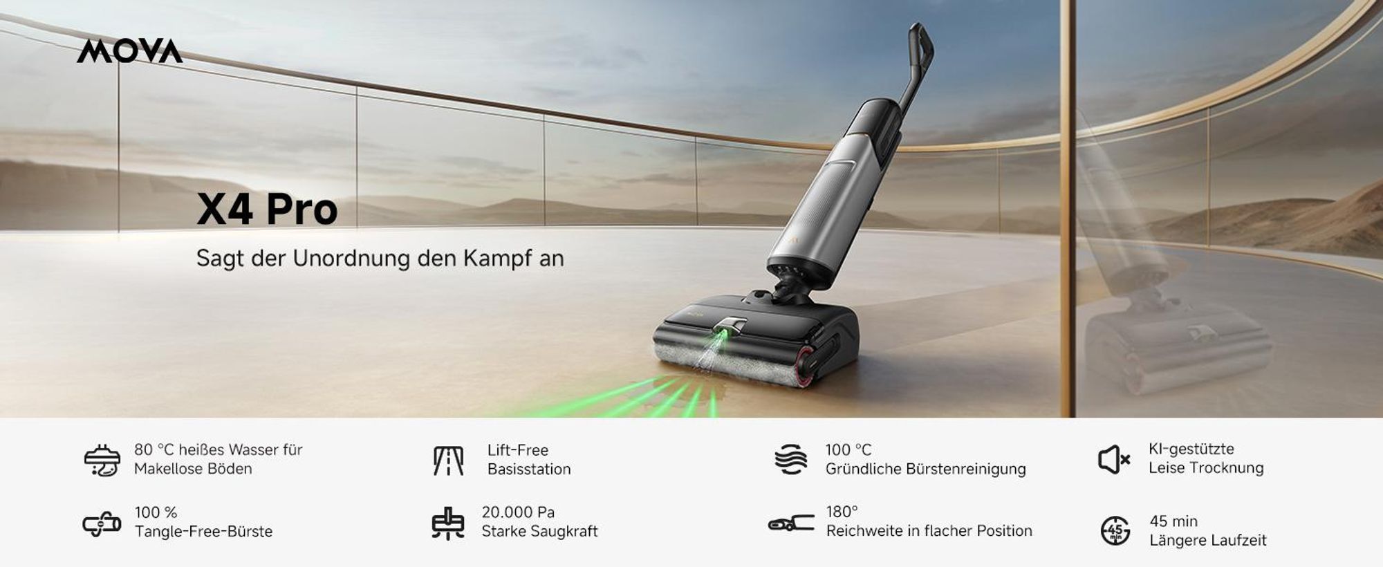 MOVA X4 Pro Nass-Trocken-Sauger, Heißwasser-Wischfunktion, Tangle-Free, Selbstreinigung bei 100 °C, 20 kPa Saugkraft, Push-In-Basisstation