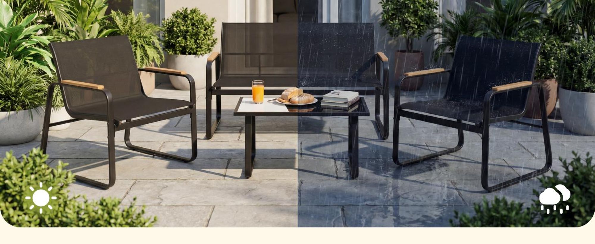 Mondeer Gartenmöbel Set 4-tlg Sitzgruppe Balkon Terrasse mit Mesh-Gewebe & Holz-Kunststoff-Armlehnen Schwarz