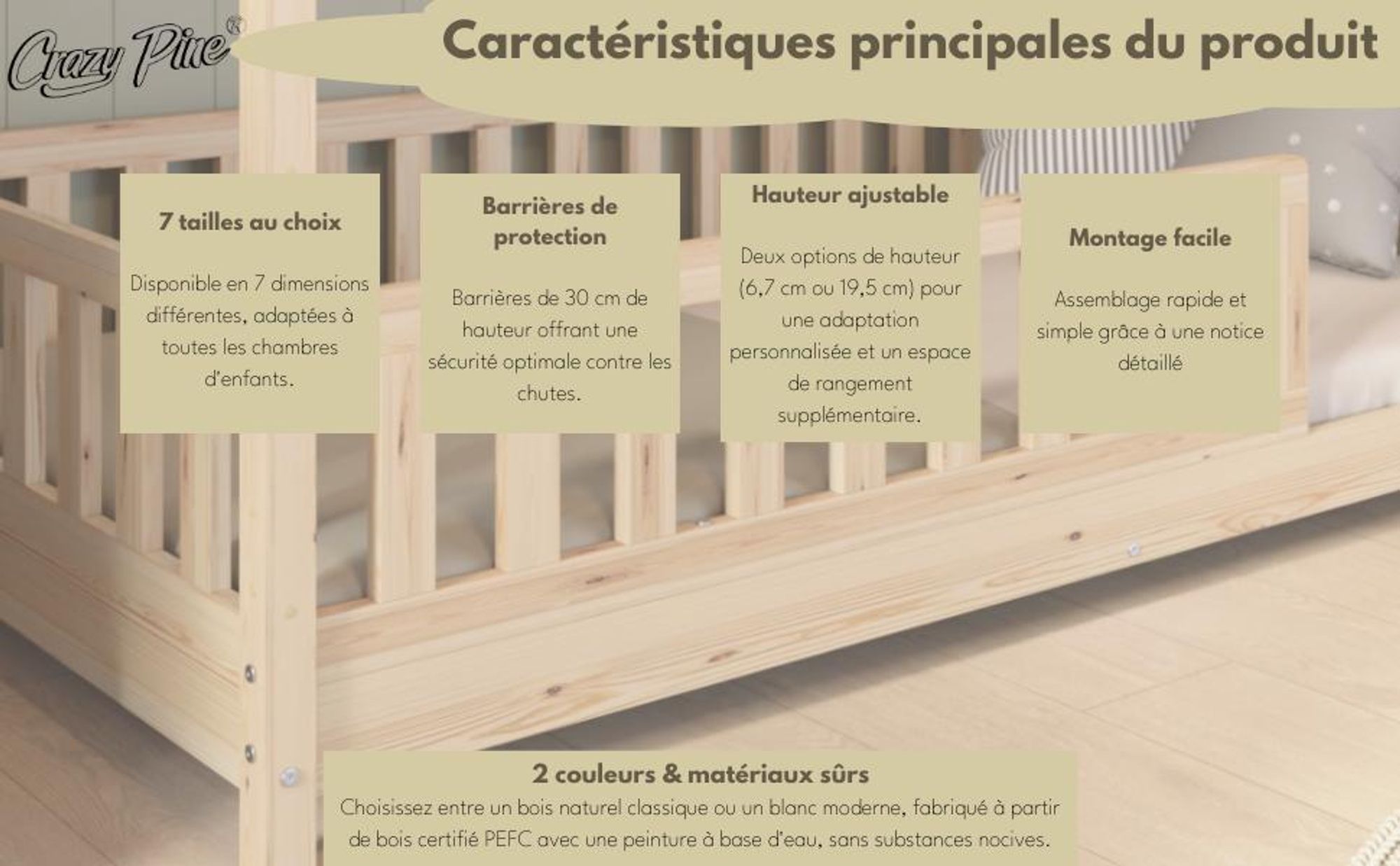 Crazy Pine Lit cabane 80x160 cm - Lit d'enfant en bois naturel - Lit au sol avec pieds réglables en hauteur et barrière amovible - Crazy House