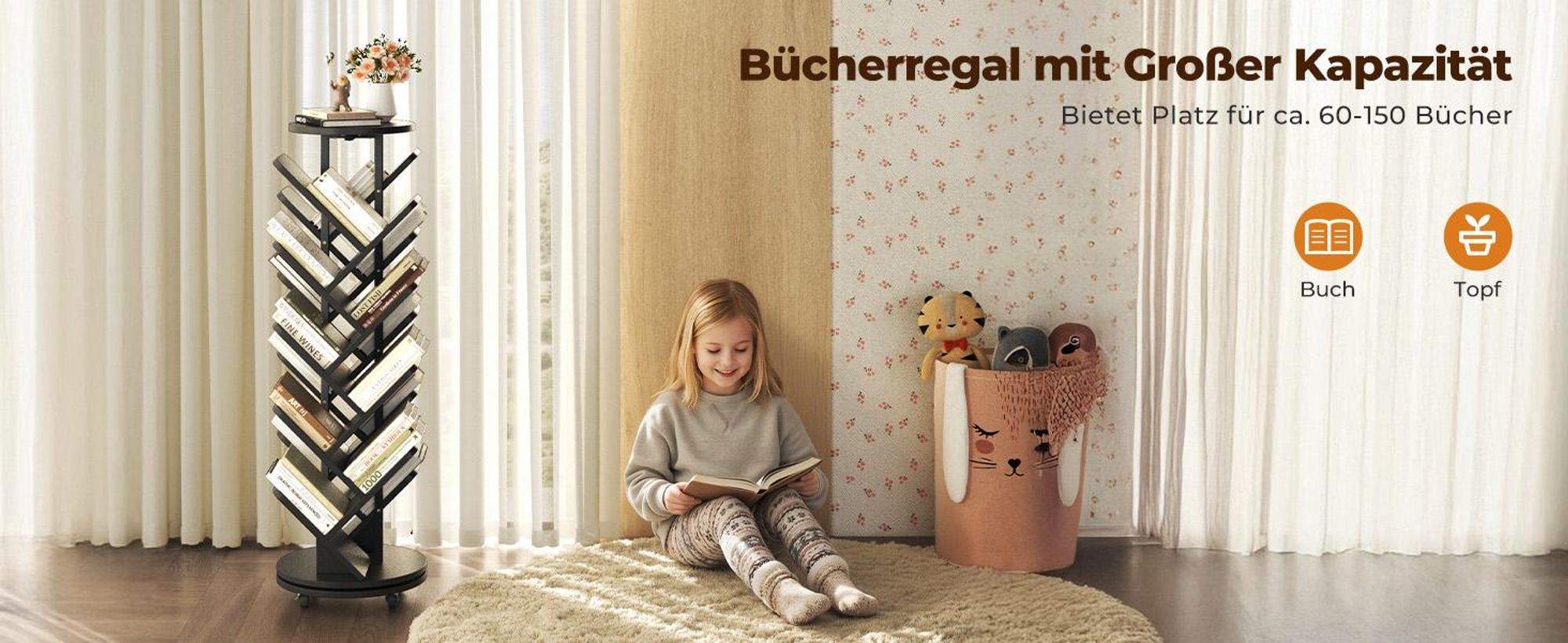 Drehbares Baum-Bücherregal Standregal Dekoregal mit 17 Ablagen, 360° Rotation, Lenkrollen mit Bremsen, Platzsparendes Standregal für Wohnzimmer Büro