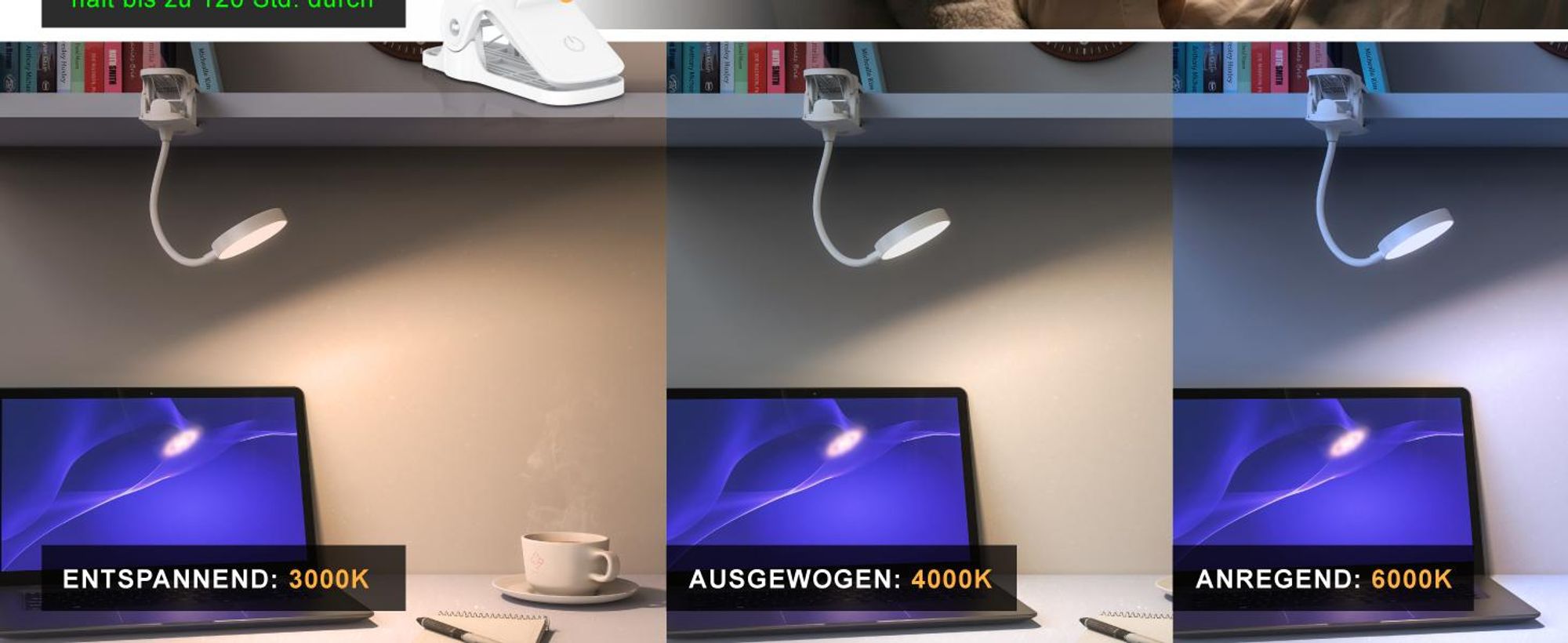 Brandson Leseleuchte dimmbar, Leselampe, Klemmleuchte, Klemmlampe, LED Tischleuchte, Tischlampe, Nachttischlampe, Schreibtischlampe, mehrere Helligkeitsstufen, 3 Lichtfarben, Akku, USB-C