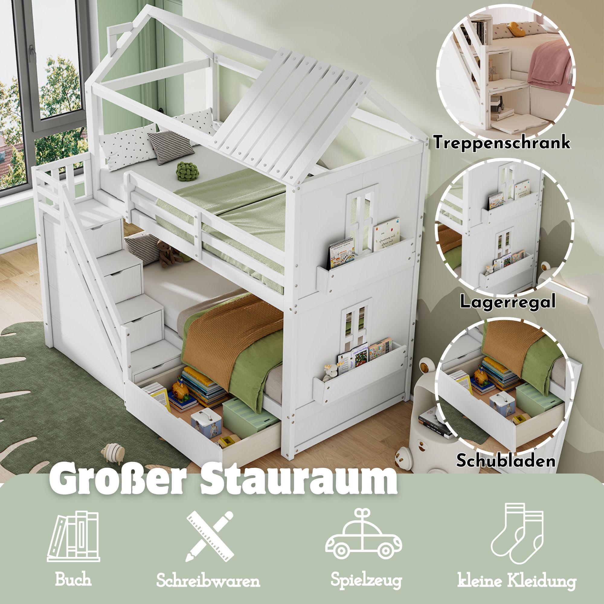 Flieks Etagenbett 90x200cm mit Schubladen, Kinderbett Hausbett mit Rausfallschutz, Hochbett mit Treppe und Ablagen, Stockbett Einzelbett, Weiß