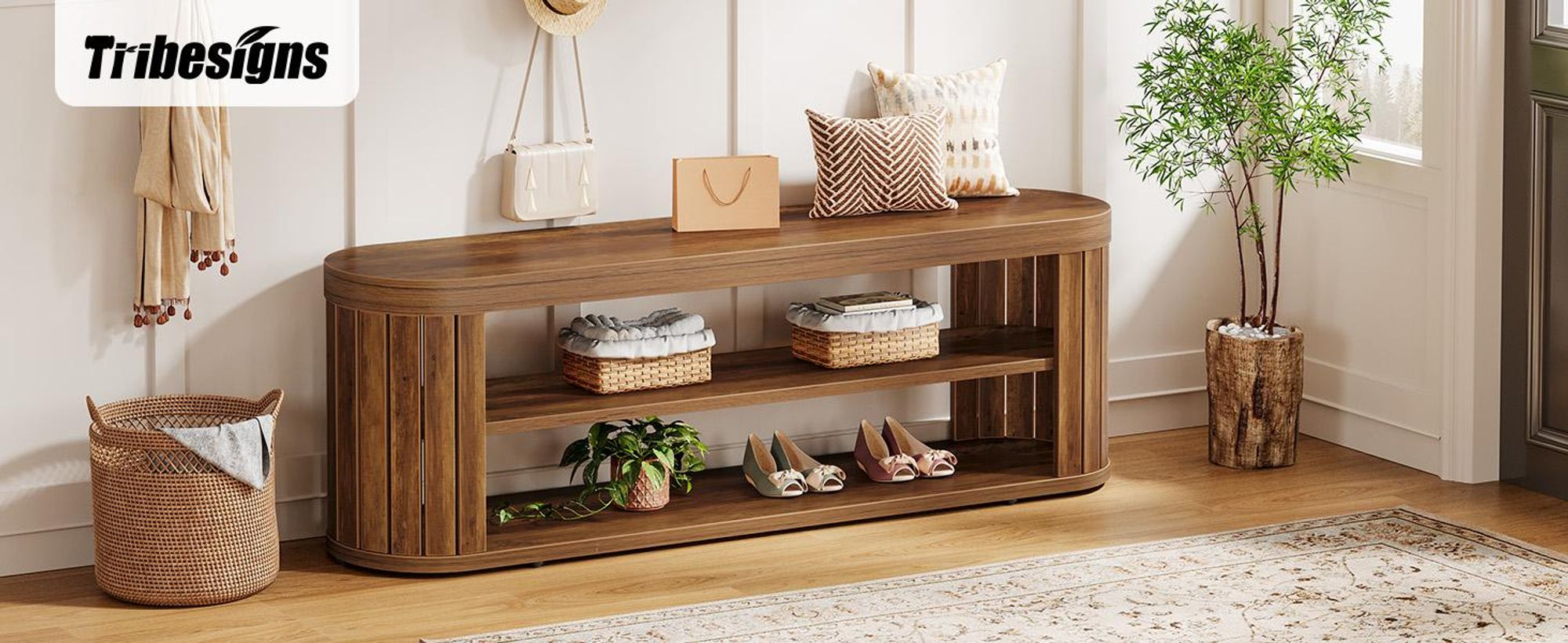 Tribesigns 120 cm Eingangsbank Holz mit zweistufigem Schuhregal, im Landhausstil mit verstellbaren Fußstützen, Betthocker Schlafzimmer, Flur, Braun