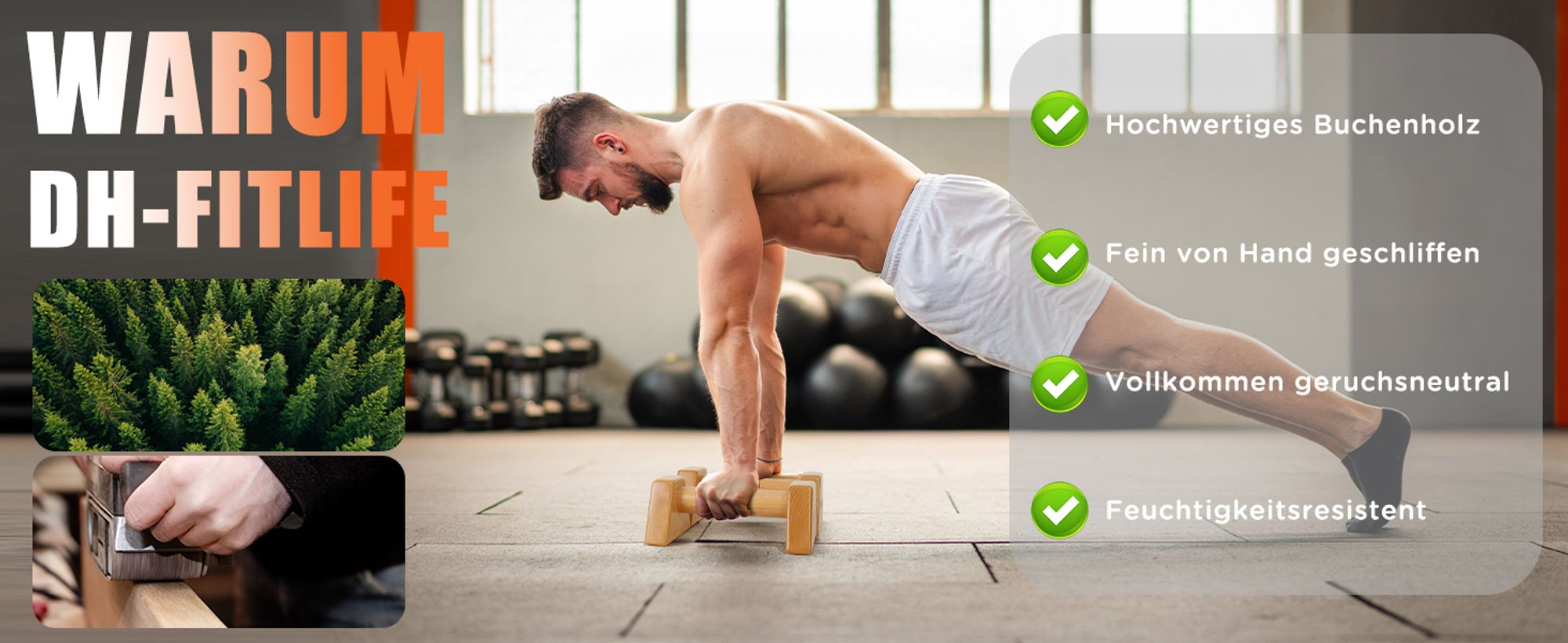 DH FitLife Liegestützgriffe aus Holz (2x) | Push-Up Bars - Gelenksschonend & rutschfeste Parallettes für Calisthenics/Krafttraining Indoor/Outdoor