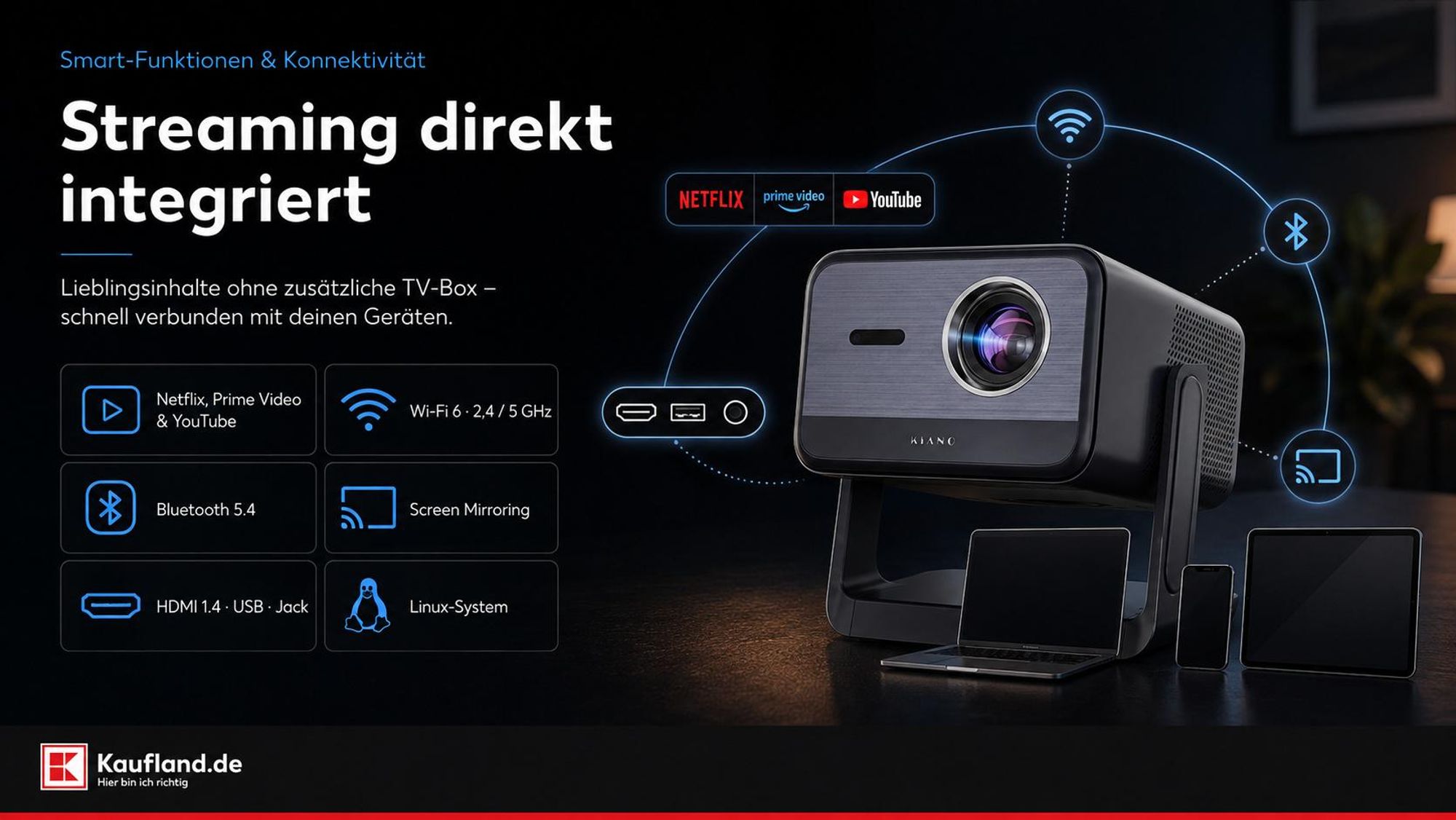 Kiano Elegance Cinema PRO Full HD Smart Beamer Netflix WiFi 6 200 Zoll Bluetooth