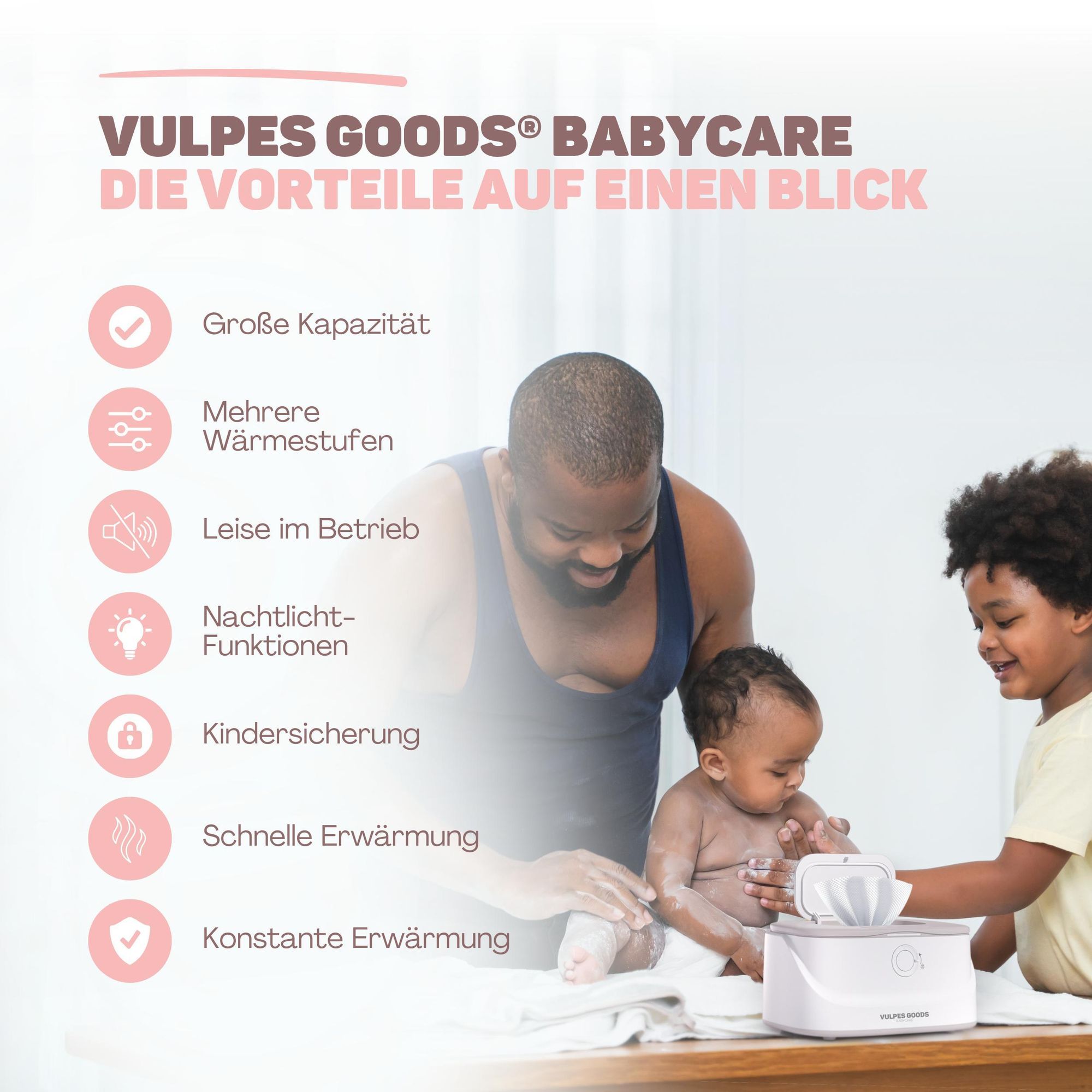Vulpes Goods Feuchttücherwärmer, Feuchttücherbox, 3 Wärmestufen & schnelle Erwärmung, Konstante Temperatur, Nachtlichtfunktion