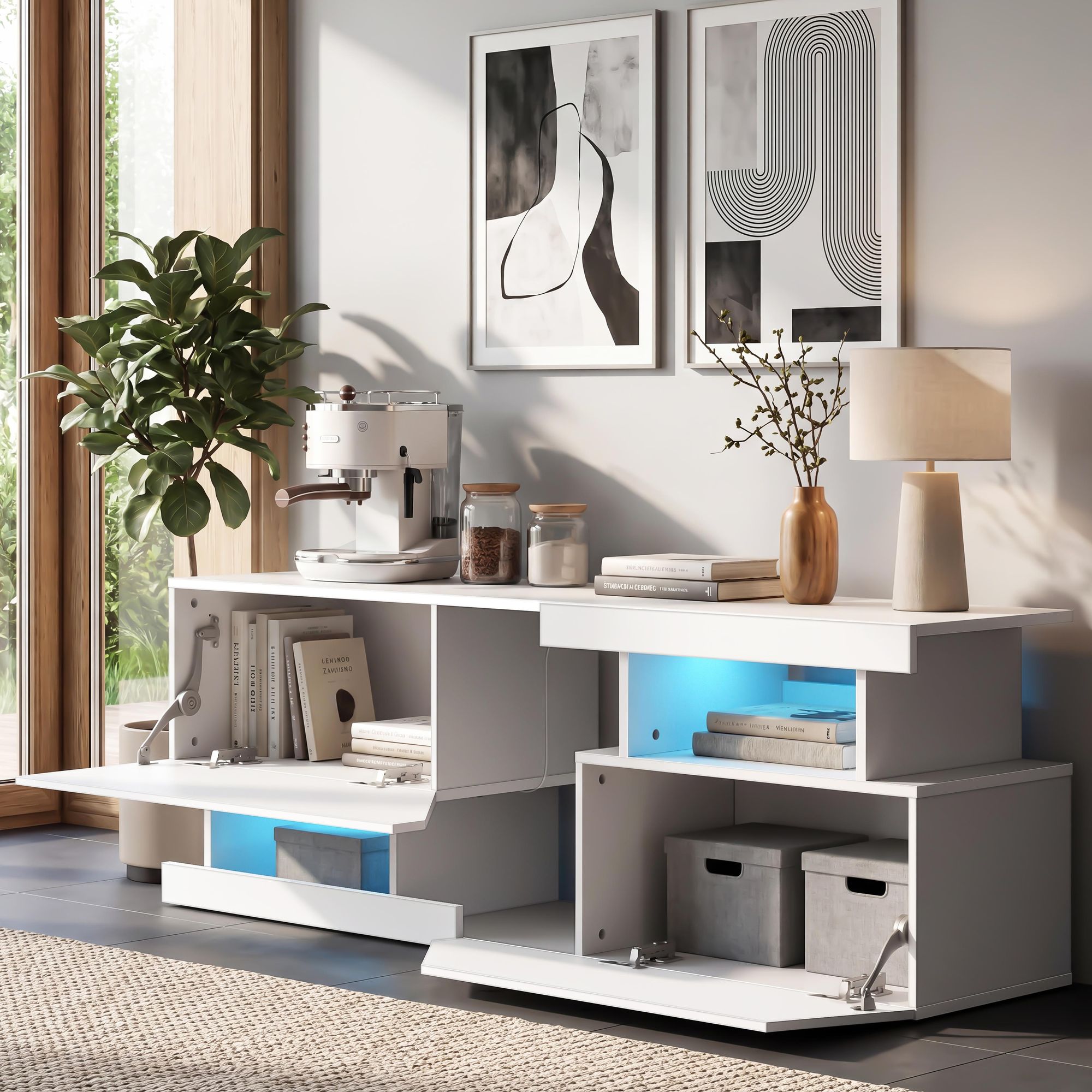OYAJIA Lowboard TV-Schrank, Fernsehschrank mit RGB-LED und Stauraum für Fernseher bis 65 Zoll , TV-Schrank mit Mit 2 Türen, Regalen und viel Stauraum