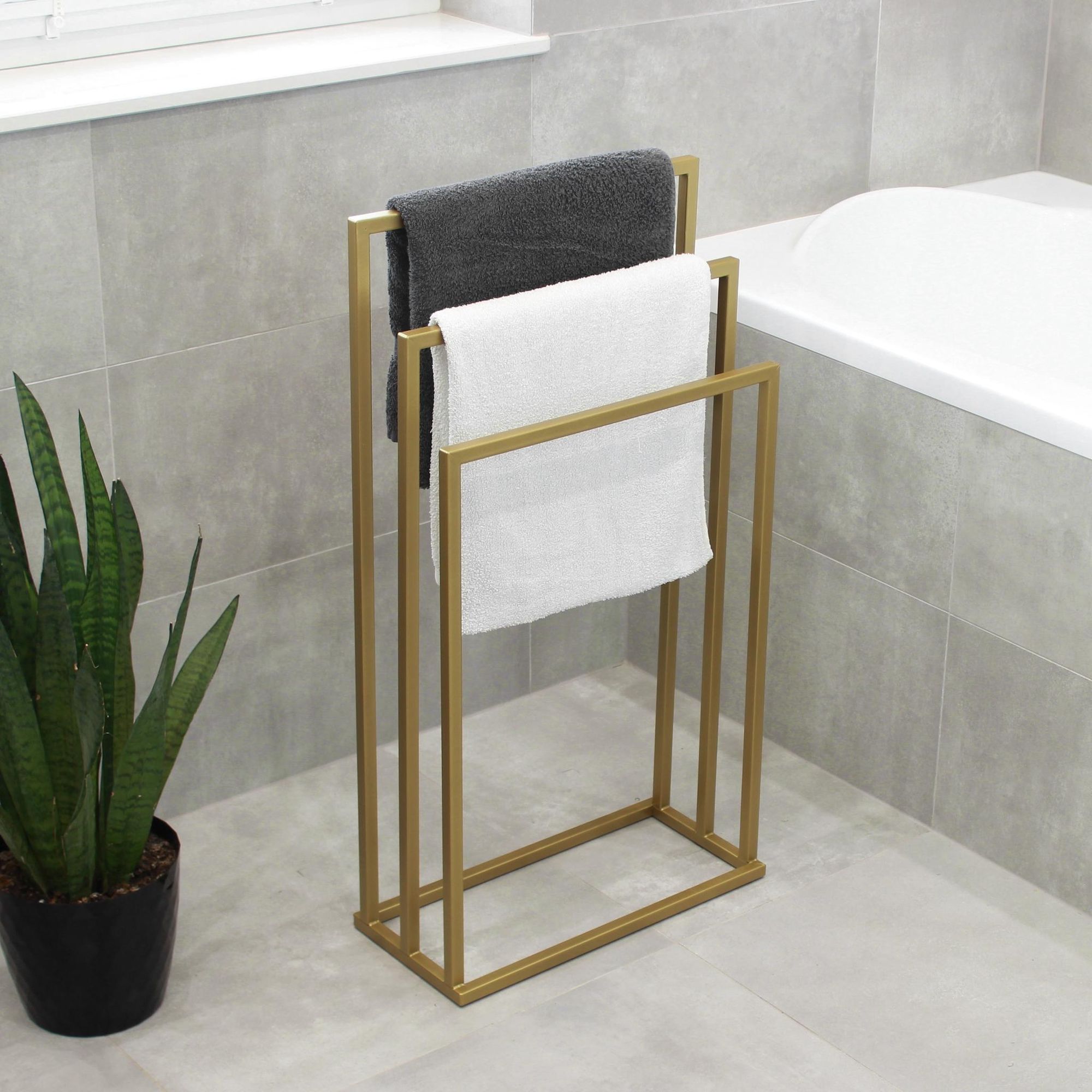 HMP Handtuchständer freistehend 3 Stangen Exklusiv – Handtuchhalter aus einem Stück, 100% Metall gold Glanz, Glamour Badezimmer