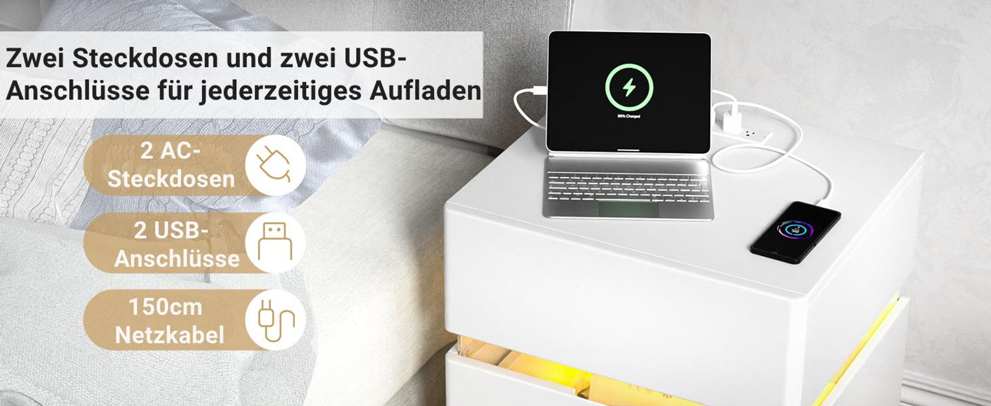 FCH 2er Set Nachtschrank mit LED-Beleuchtung, 3 Schubladen, 2 AC-Steckdosen, 2 USB-Anschlüsse, Nachtkommode, Nachttisch, Weiß
