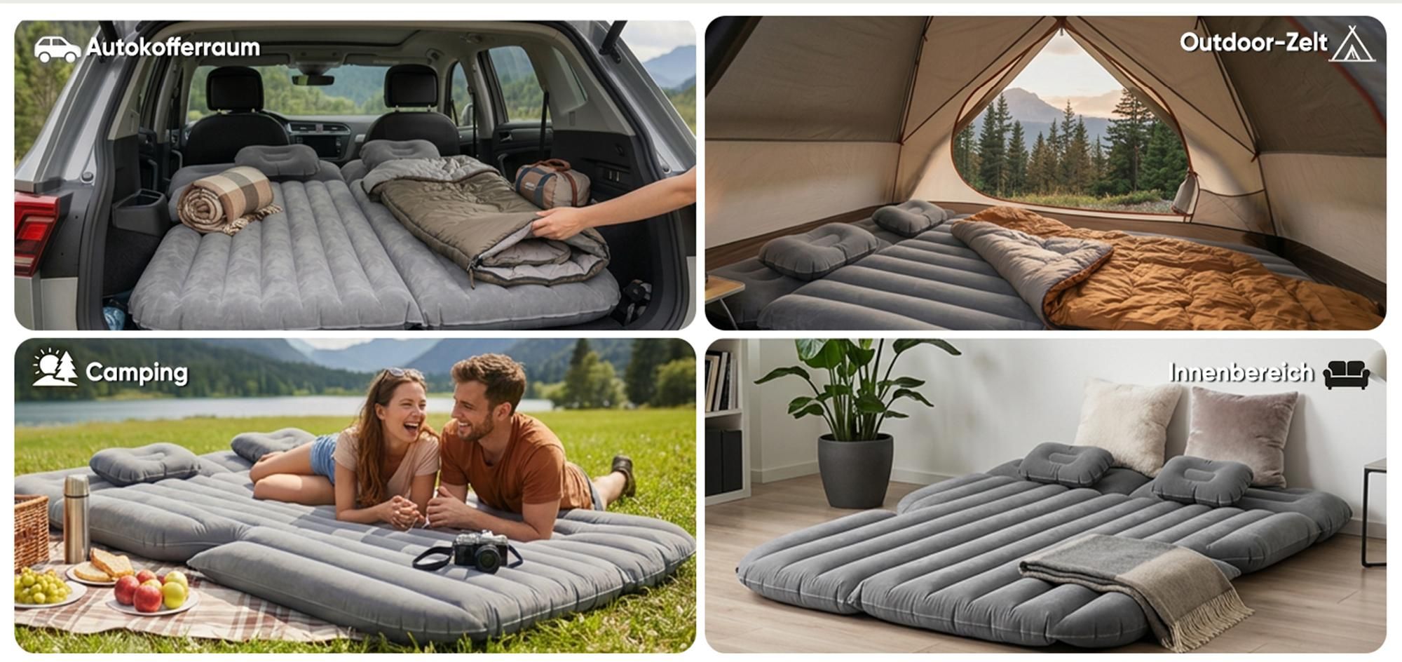 Sekey 185 x 144 x 12 cm Auto Luftmatratze Selbstaufblasend 2 Personen Luftbett Aufblasbar mit Luftpumpe, Kissen und Tragetasche, Grau