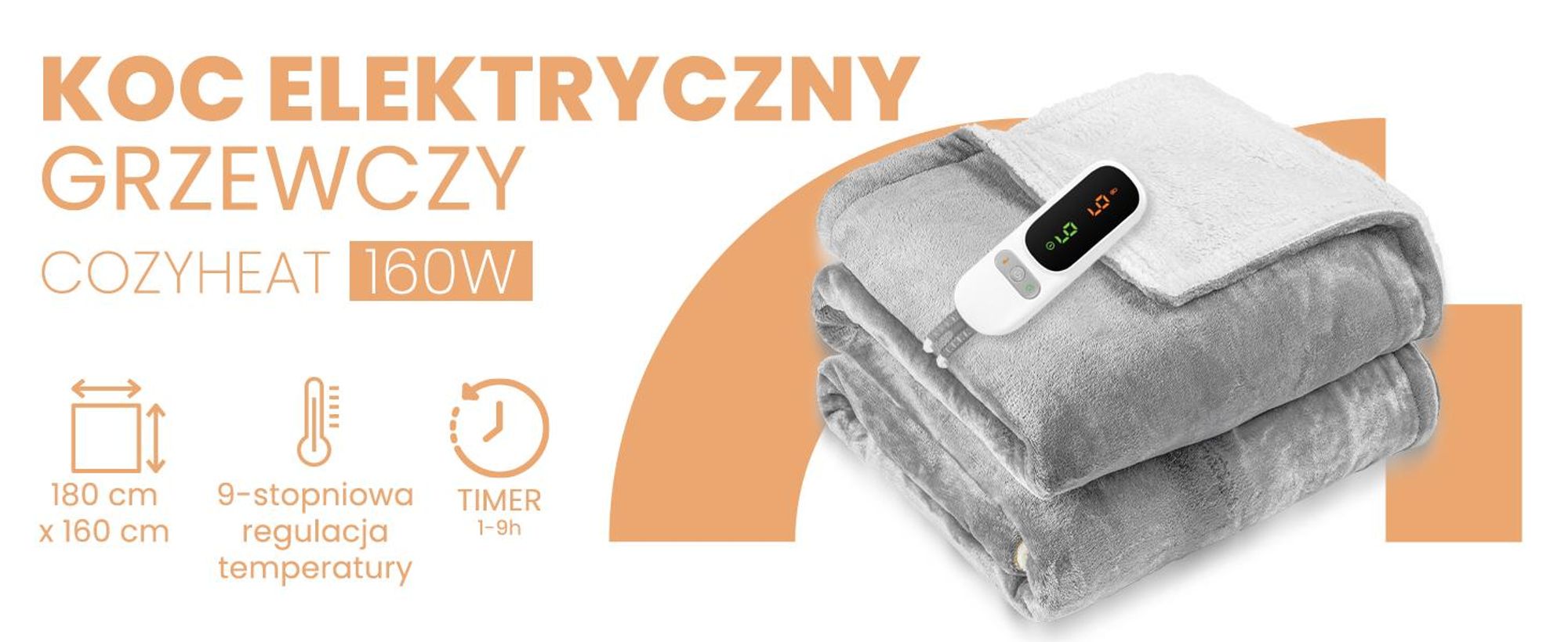 Duży Koc Elektryczny Mata Grzewcza Miękki Regulacja Timer Pilot CozyHeat160W Grey 180x160cm
