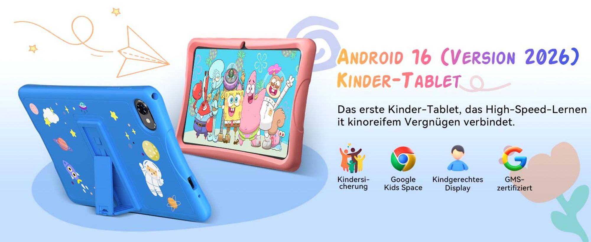 Tabwee K10 Kids 10.1" Blau Tablet, Google Kids Space, 4GB RAM+64GB ROM, Android 15 WiFi Tablet für Kind mit Kindgerechte Hülle und Stift, 5000mAh
