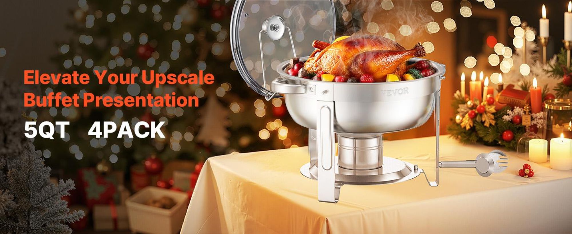 VEVOR Warmhalteteller Buffet Set, 5 Qt 2er Pack, Edelstahl Chafing Dish mit 2 Vollformat-Pfannen, runder Catering-Wärmer mit Glasdeckel, Wasserpfanne, klappbarer Ständer, Brennstoffhalter, für Hochzeitsfeiern, Bankett, Silber, Silber-4Stück