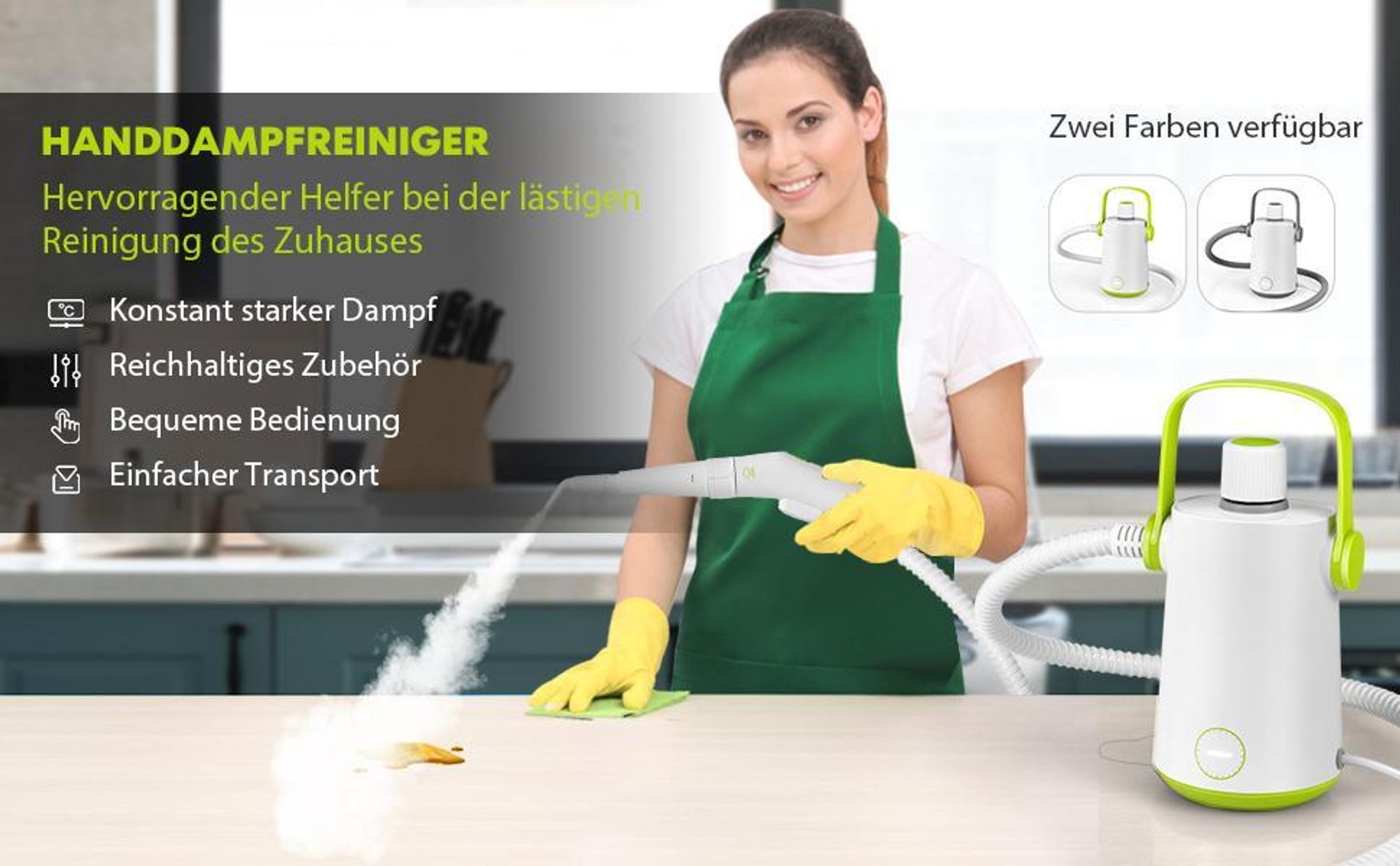 COSTWAY Dampfreiniger Portable Handgerät 3 Bar, Handdampfreiniger mit 300ml Wassertank, 116cm Schlauch, 3m Kabel & 10 Zubehör Set, Grün