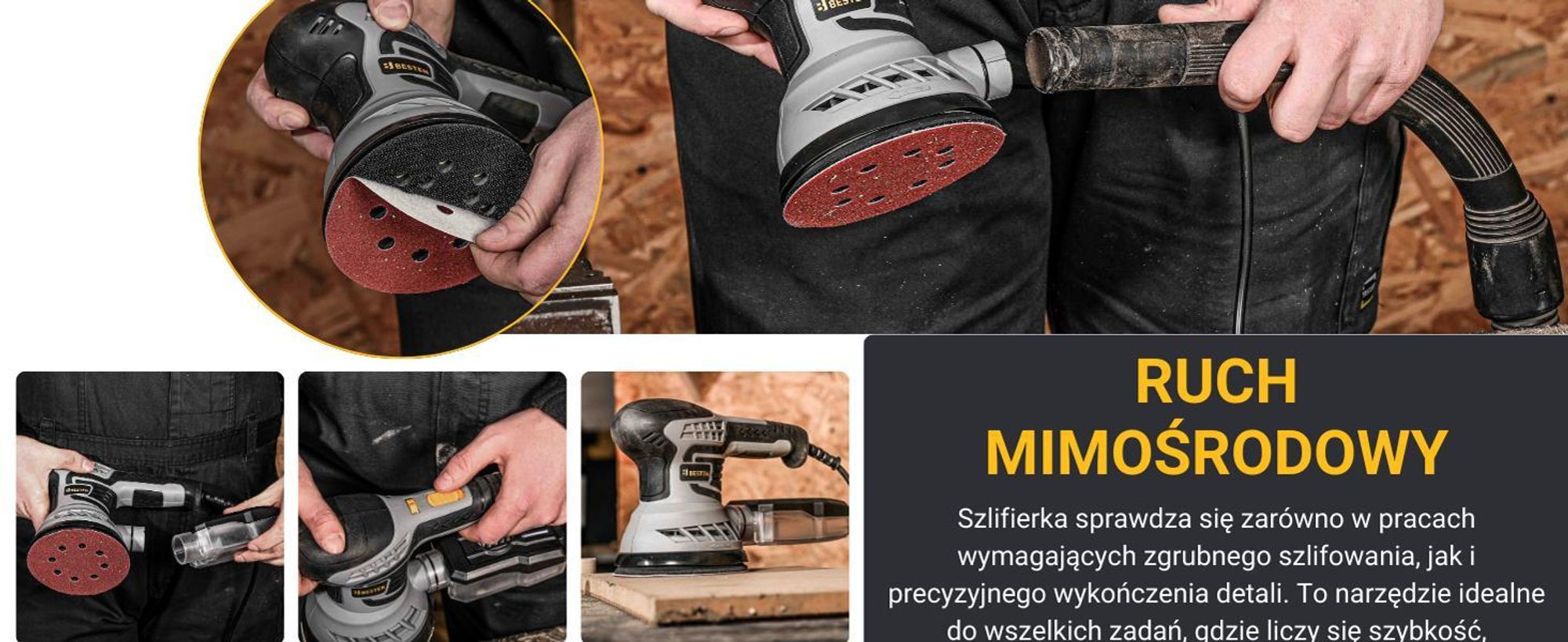 Szlifierka oscylacyjna mimośrodowa BESTEN 400W, szlifierka rotacyjna, regulacja prędkości, odsysanie pyłu