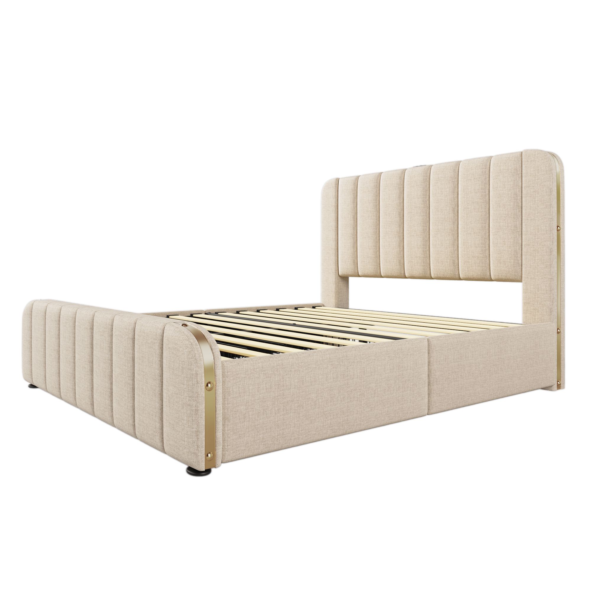 Flieks Polsterbett 160x200cm mit Ladefunktion (USB, Typ-C), Doppelbett Stauraumbett mit 4 Schubladen, Jugendbett Funktionsbett, Leinen, Beige