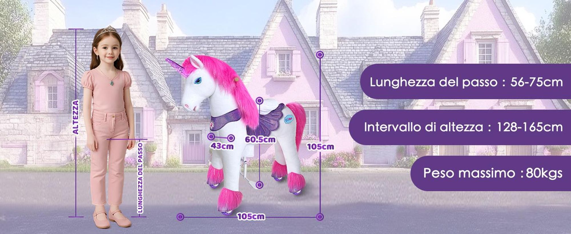 PonyCycle modello Y Ride-on Unicorno per bambini dai 7 anni in su con suoni e freno, giocattolo unicorno rosa su ruote, regalo di compleanno per bambini – Y552