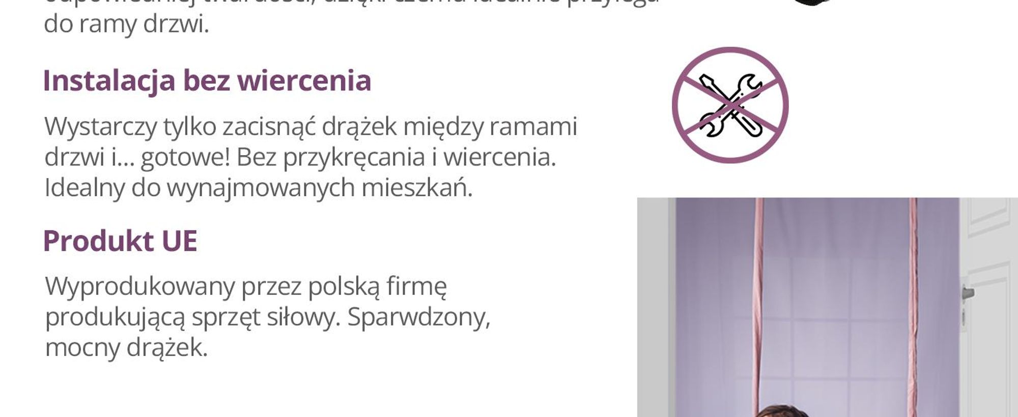 Create for you® - Drążek do Podciągania z Hakiem do Huśtawki Dziecięcej - Sprzęt Fitness do Domu - Montaż bez Wiercenia, do Futryny, z Hakami - 70cm