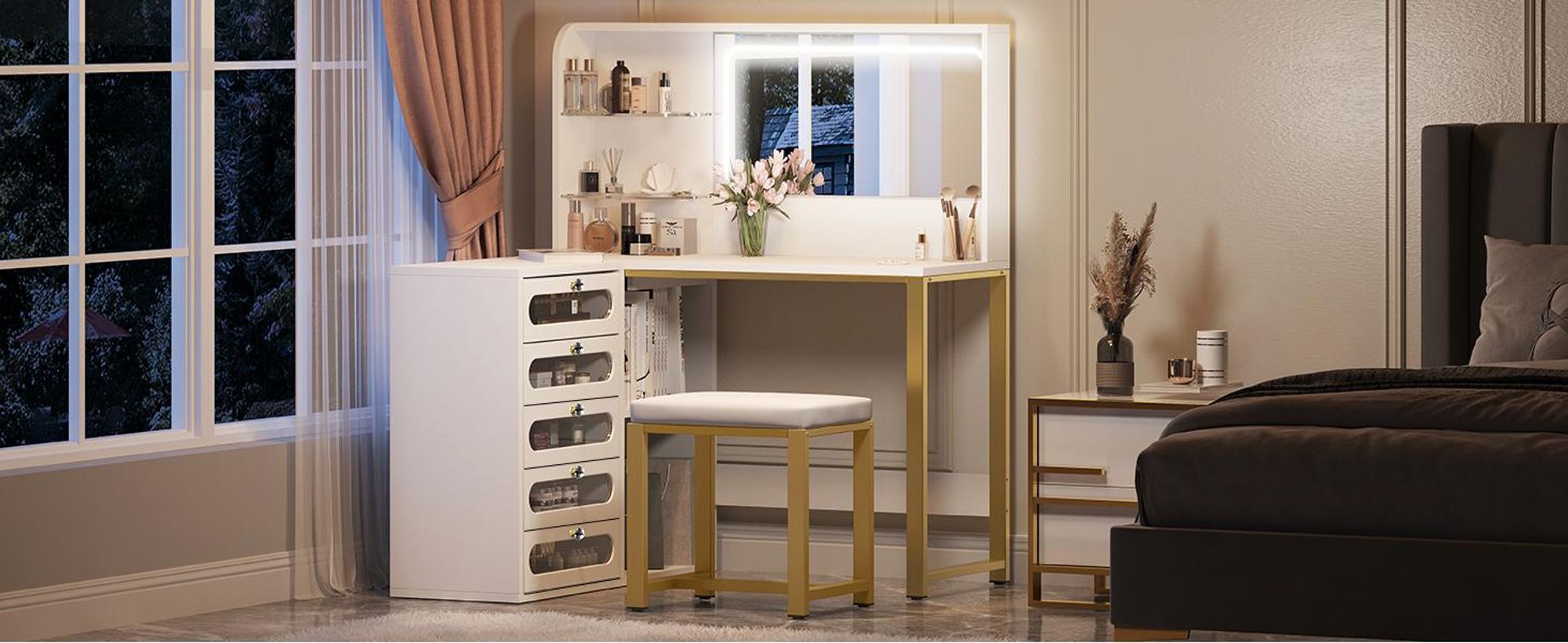 INONEFT Schminktisch mit LED-Beleuchtung, einstellbare Helligkeit, mit 5 Schubladen, mit 1 Hocker
