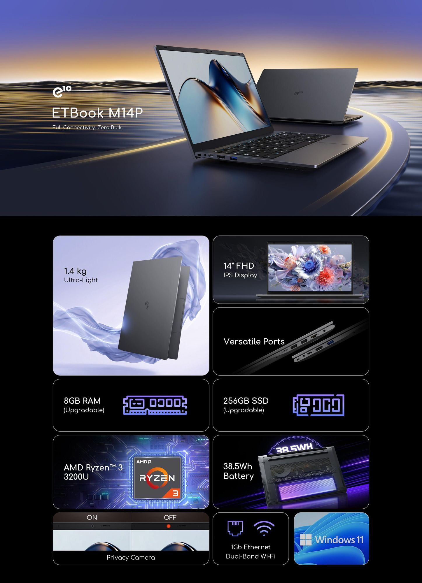 Acer Gadget ETBook M14P Laptop, Ryzen 3200U, 8GB RAM, 256GB SSD, 14" FHD IPS, lüfterlos, 1,4 kg leicht, Windows 11 Home