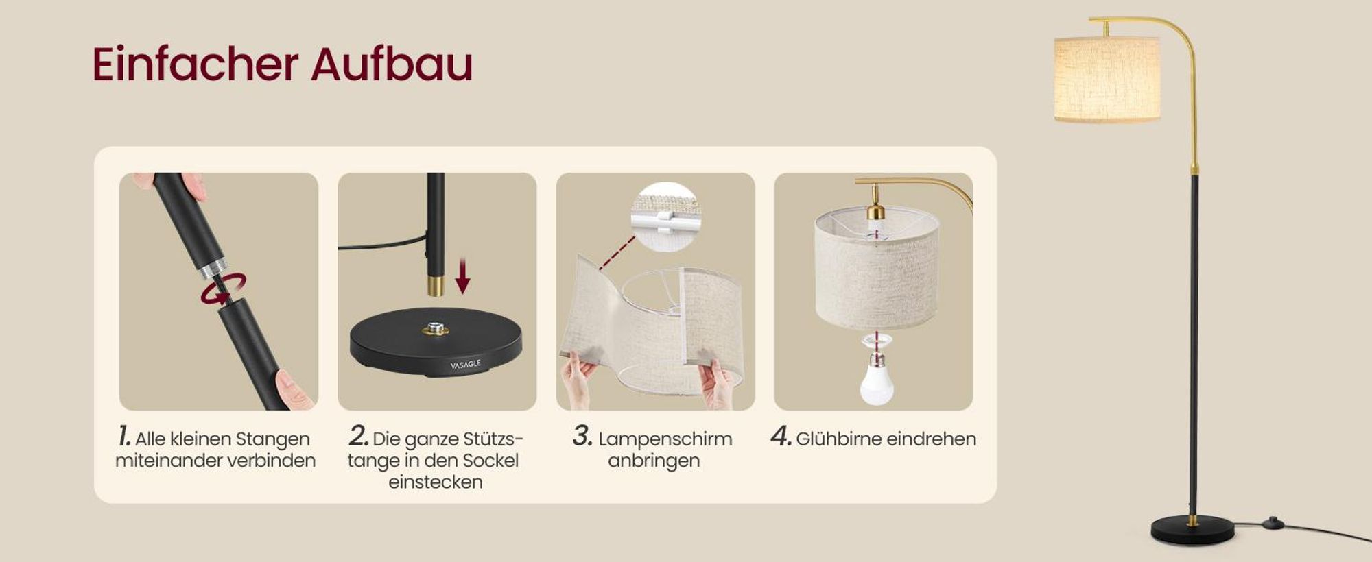 VASAGLE Stehlampe modern mit höhenverstellbarem Bogen, Leselampe mit Fußschalter, für Wohnzimmer, Stoffschirm, E27, schwarz