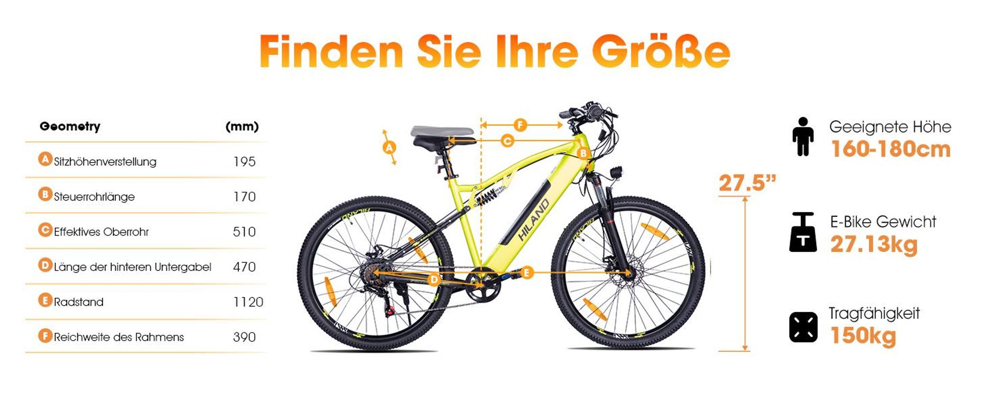 Hiland 27,5-Zoll-E-Mountainbike für Erwachsene, 250-W-Motor, 10,4-Ah-Akku, 7-Gang-Schaltung, mechanische Scheibenbremsen, Federgabel für das Gelände