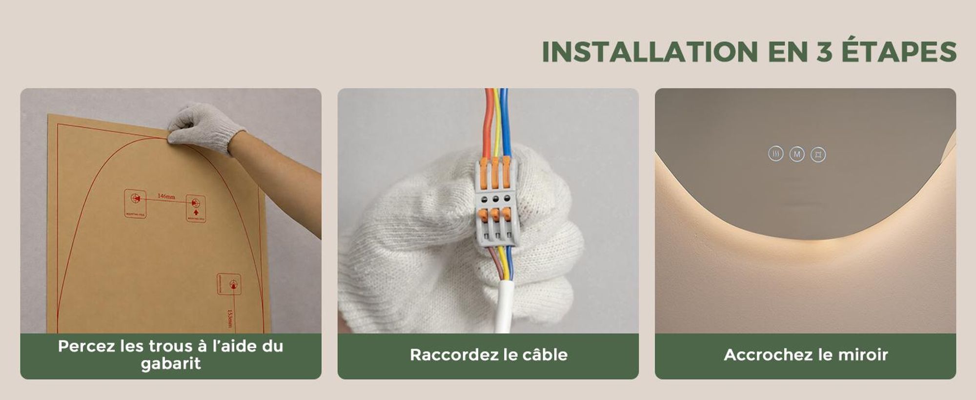 S'AFIELINA Miroir Salle de Bain LED 55 × 85 cm, Asymétrique, Sans Cadre,3 couleurs d’éclairage, luminosité réglable, anti-buée et mémoire