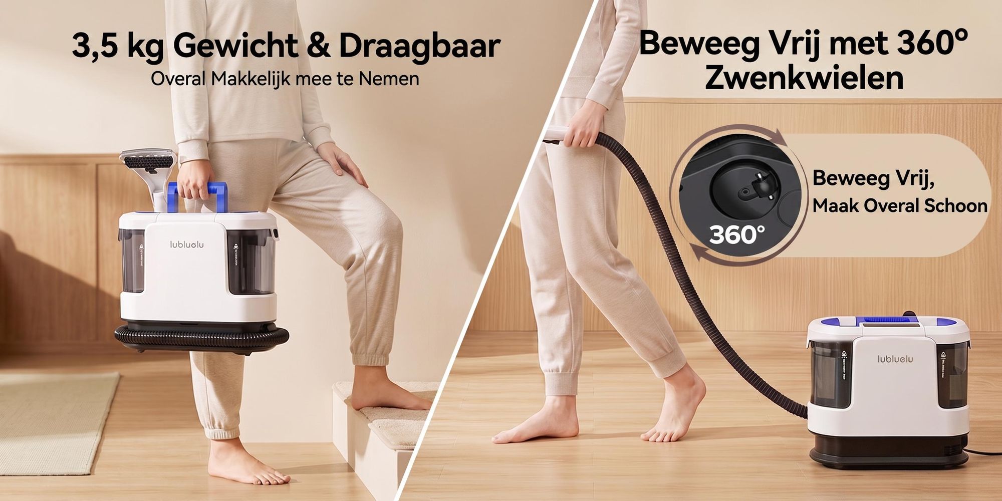 Lubluelu V11 Bekledingsreiniger Tapijtreiniger 30 kPa met Stoomfunctie, 4 Modi, 1900 W, Dubbele Tank 1,9 L + 1,1 L, voor Bank, Auto en Matras