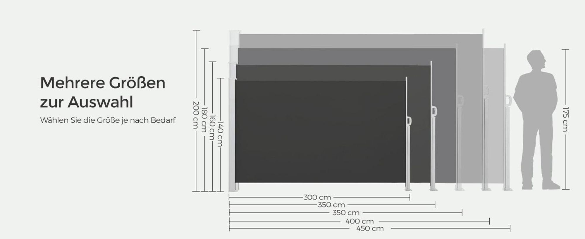 SONGMICS Seitenmarkise mit Stahl-Kasten, rostbeständig, ausziehbar, 140 x 300 cm, Sichtschutz, Sonnenschutz